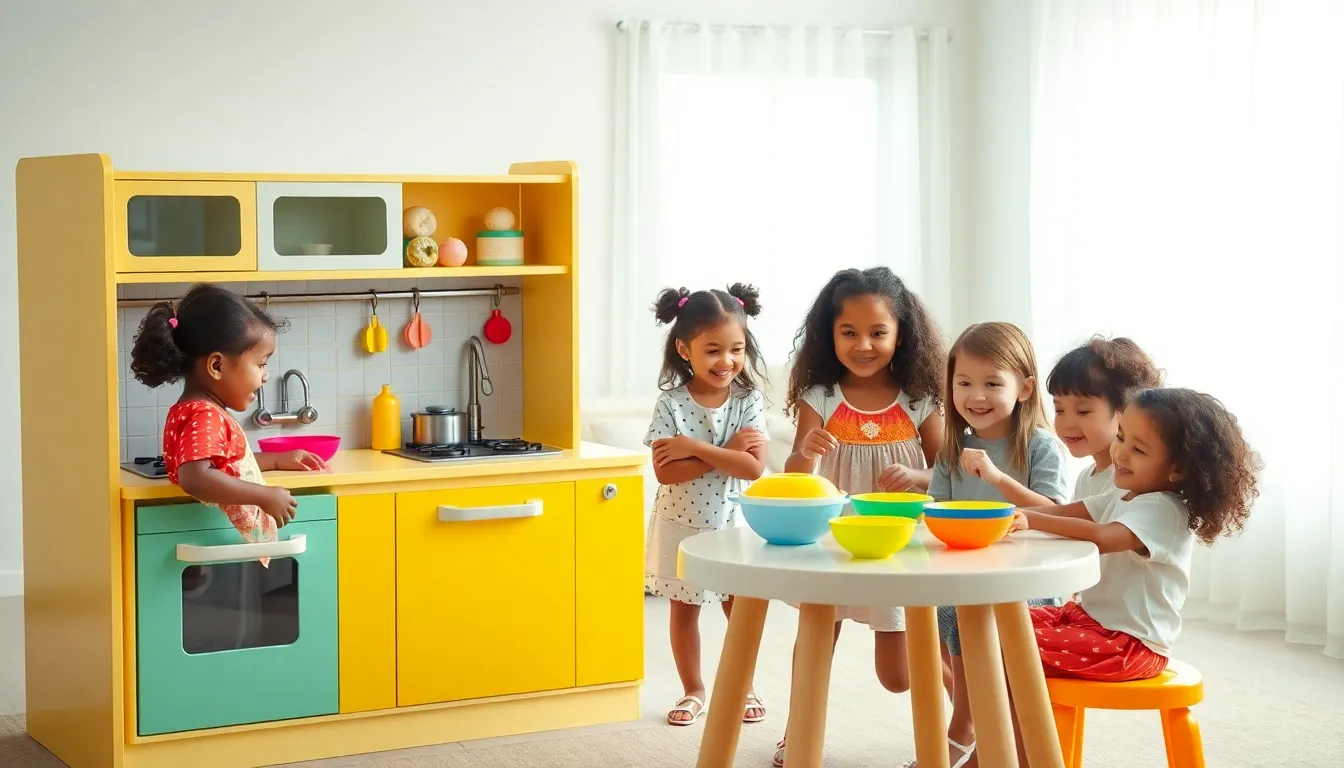 children playing with a colorful early 2000s play kitchen.