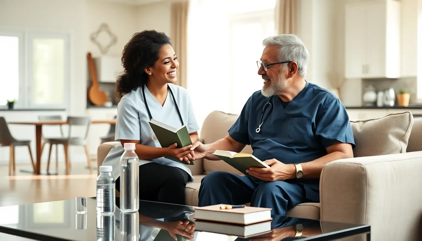 caregiver assisting an elderly man in a cozy living room.