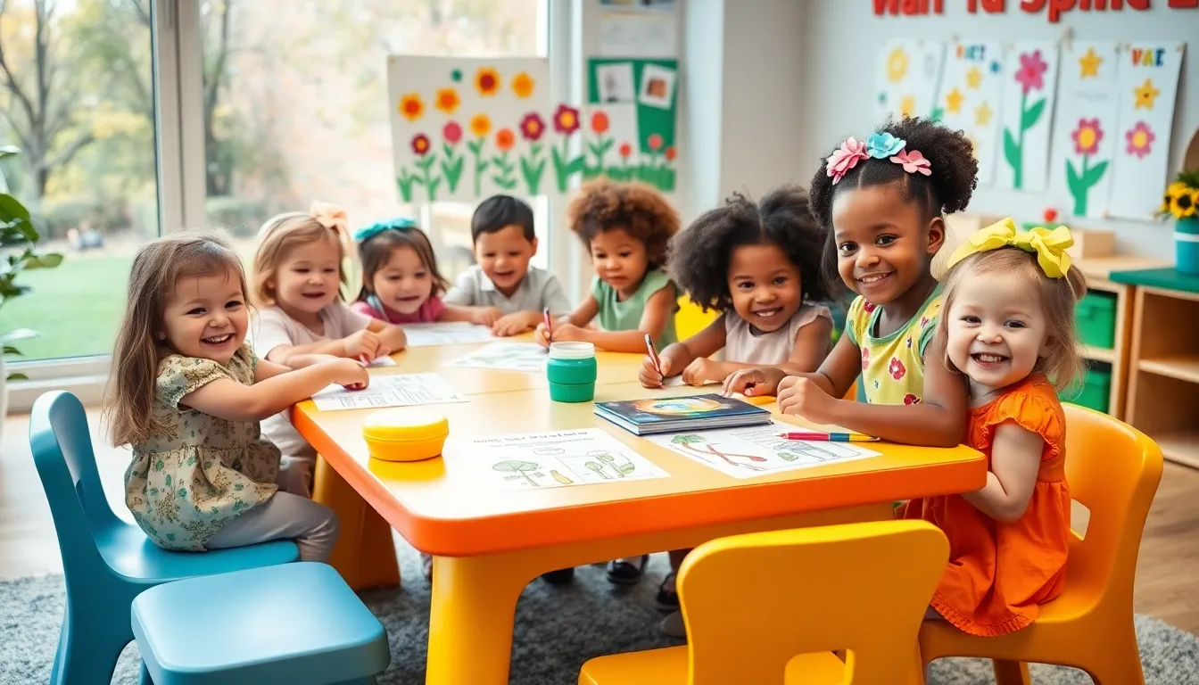 children working on spring-themed worksheets in a bright classroom.