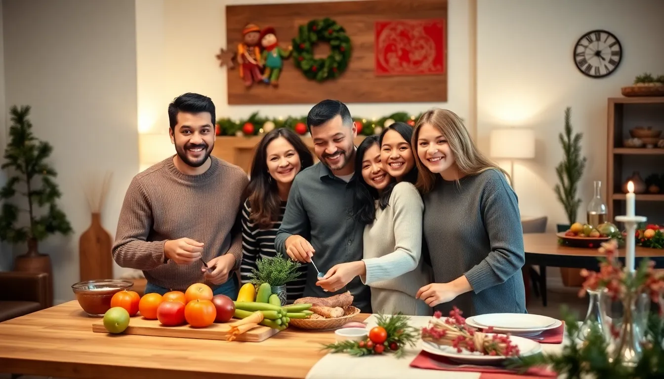 diverse family enjoying a holiday gathering in a cozy living room.