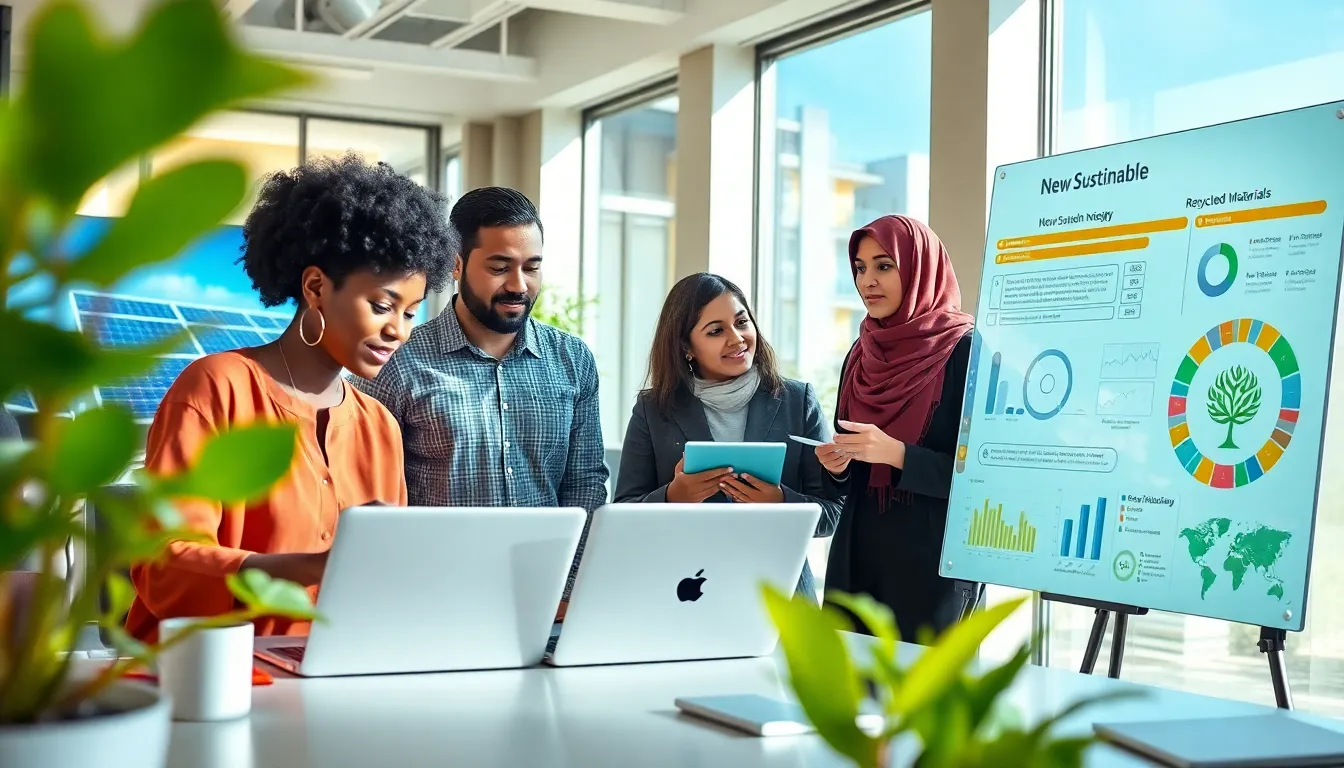 diverse team discussing new sustainable technology in a modern office.