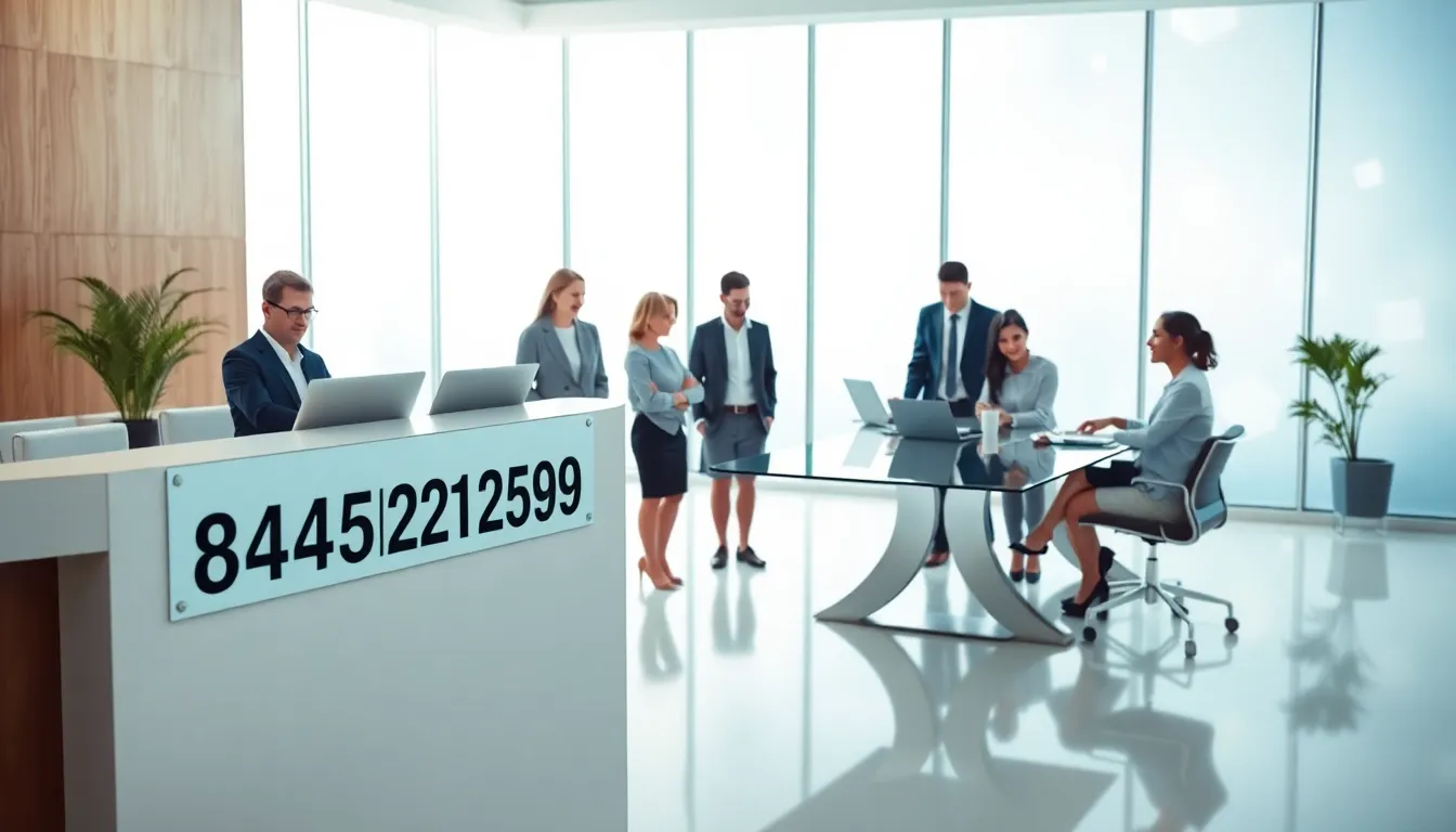 Diverse team collaborating in a modern office, featuring toll-free number display.