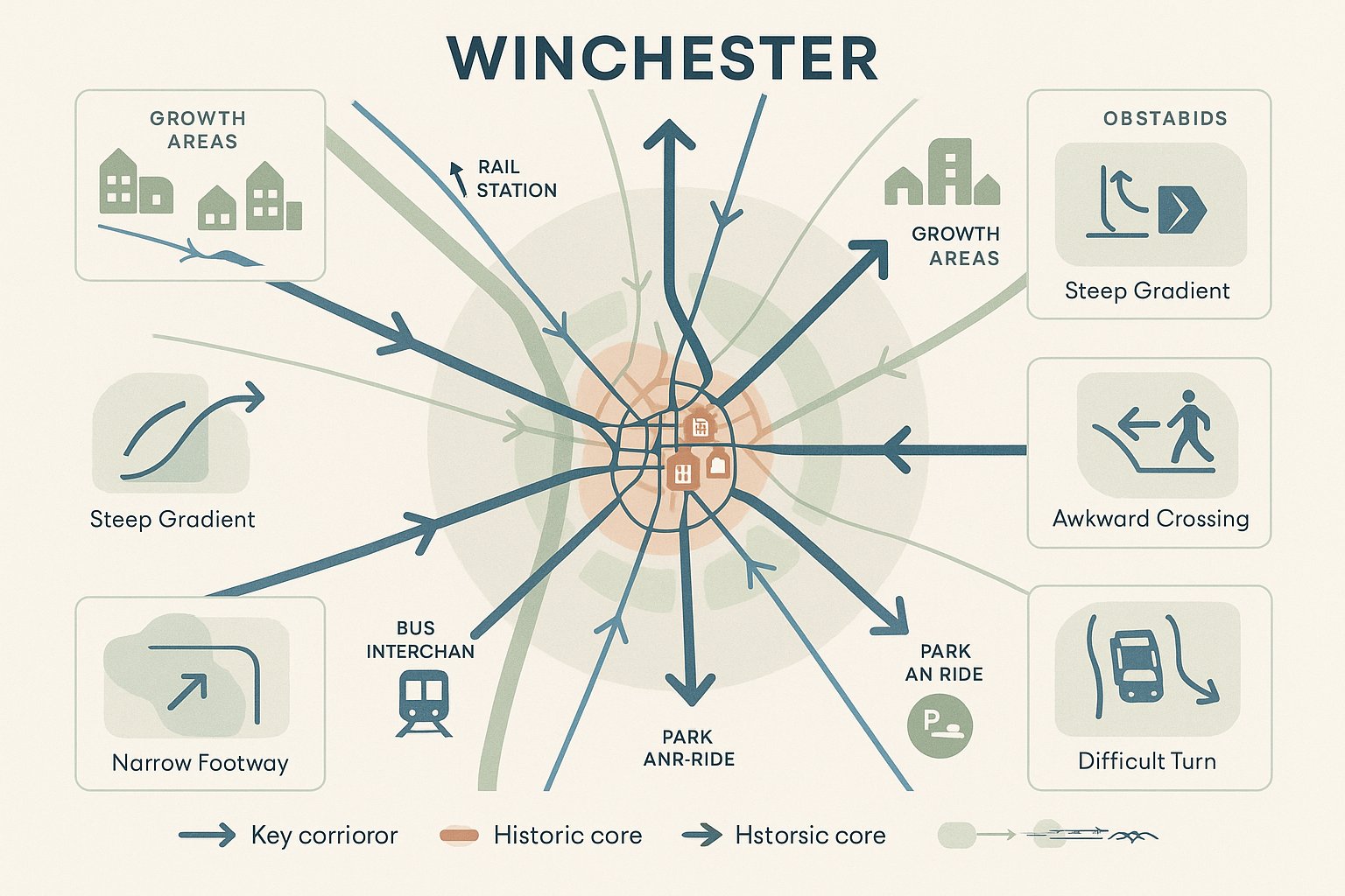 Infographic of Winchester transport pressures, historic streets, growth corridors, and travel demand.