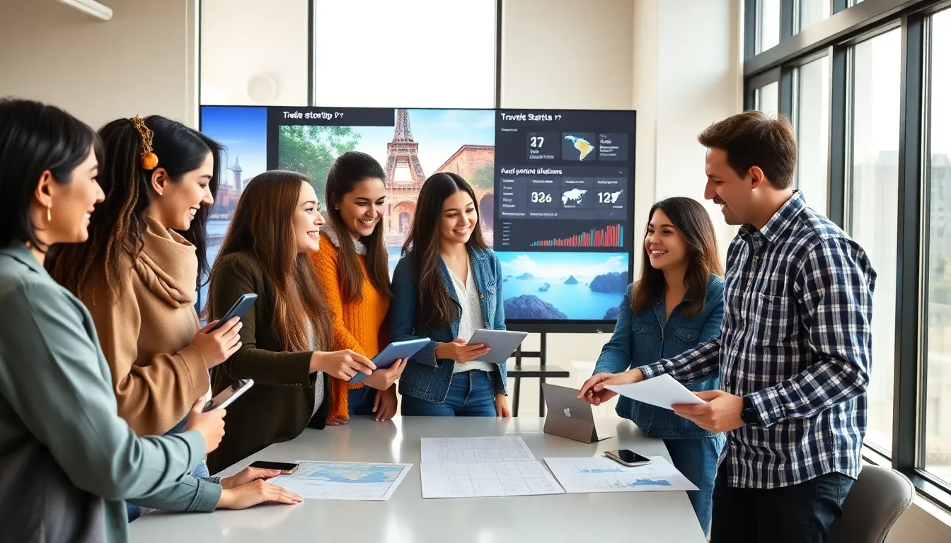 diverse team collaborating in a modern workspace on travel startup projects.