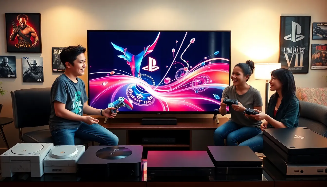 a diverse group of gamers enjoying the latest PlayStation console in a cozy living room.
