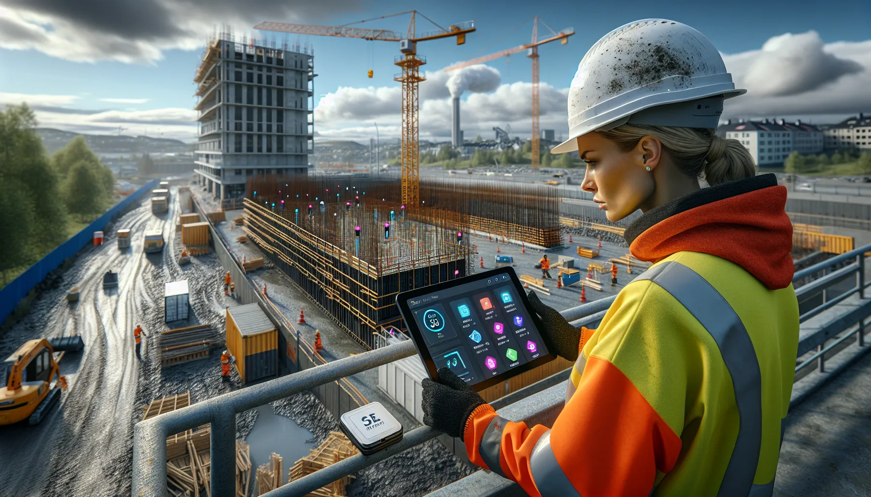 Slik bruker du iot-verktøy for smartere byggeprosjekter 2 Site manager checks iot dashboard on tablet at norwegian construction site.