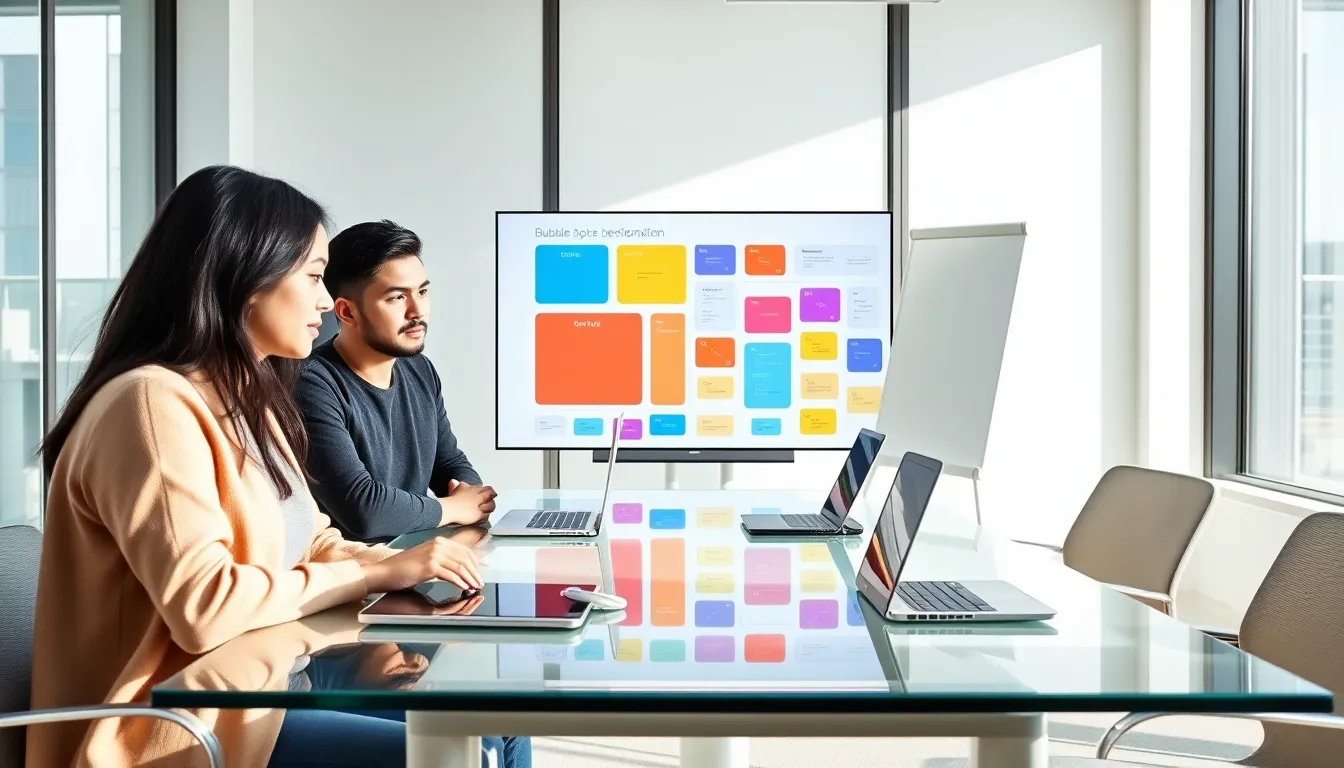diverse team collaborating on bubble app development in an office.