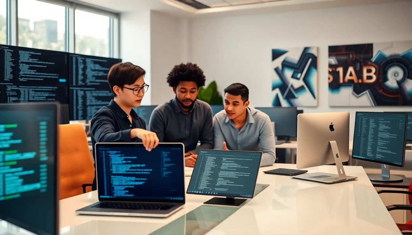 diverse developers discussing software patches in a modern office.