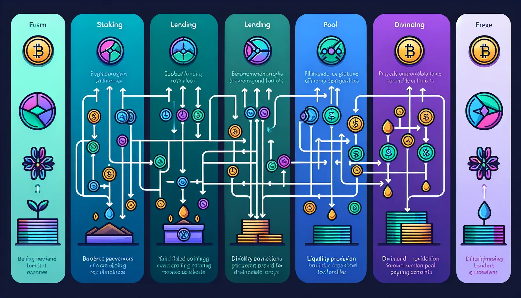 Flowchart showing five crypto passive income methods with icons and risk indicators