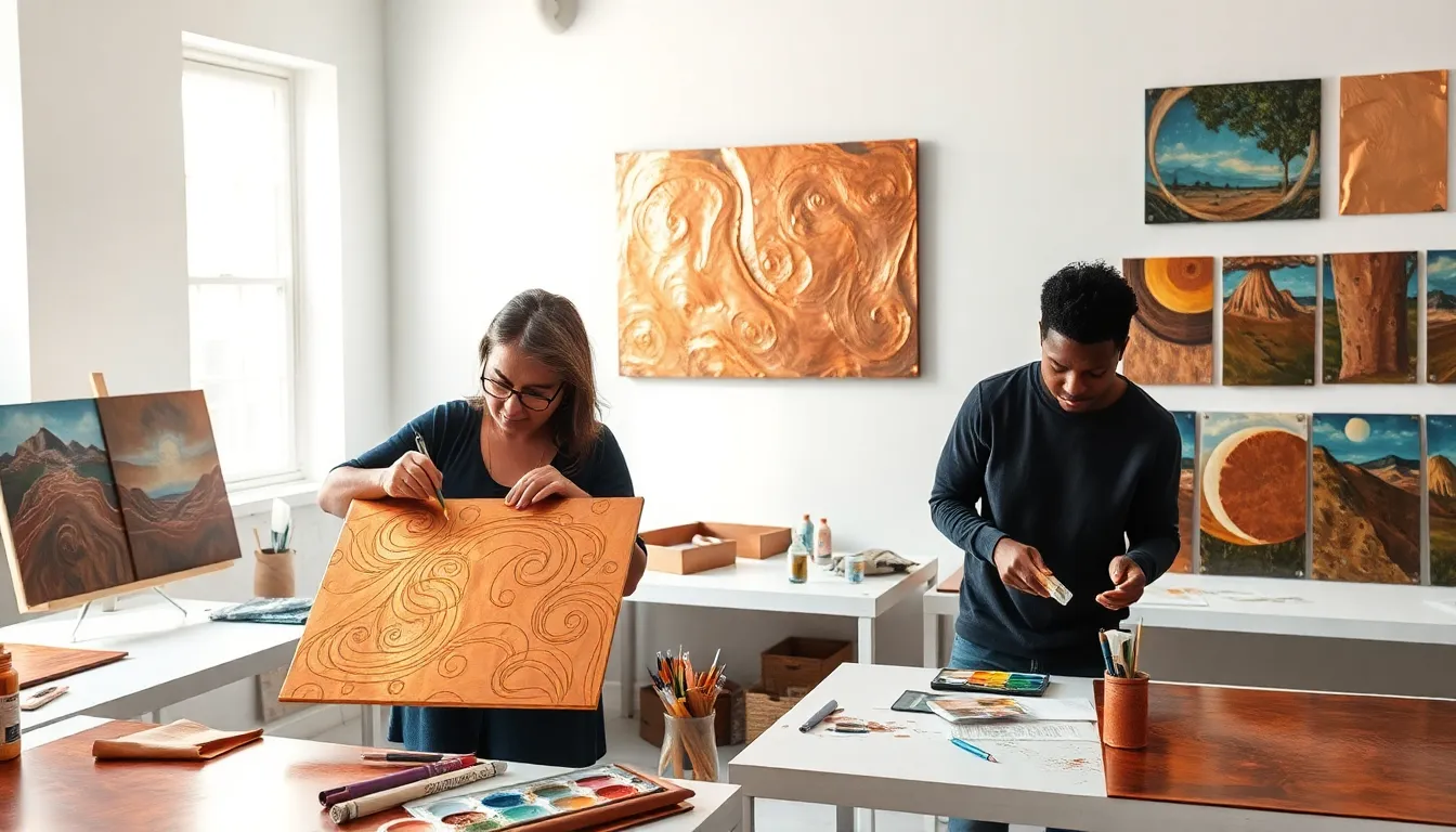 diverse artists creating with copper canvas in a bright studio.