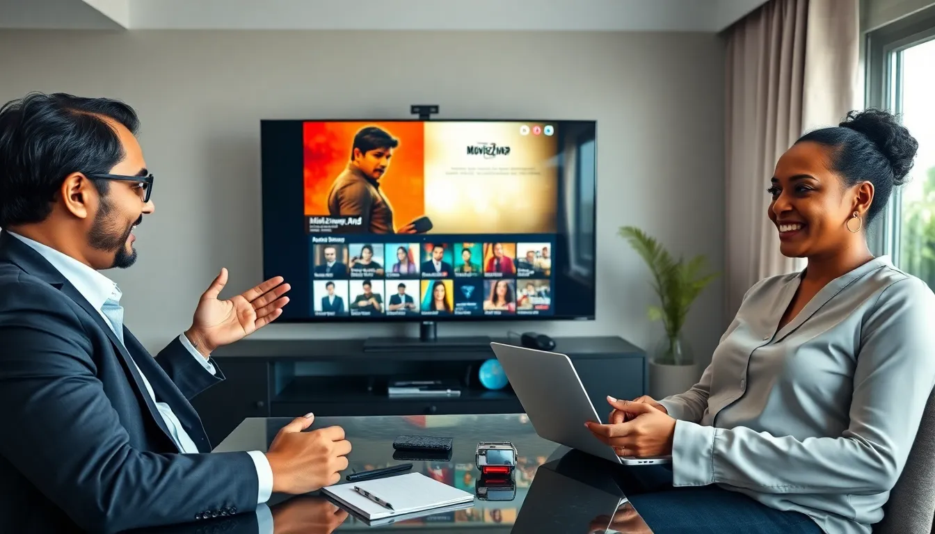 diverse professionals collaborating on Hindi cinema in a modern home office.