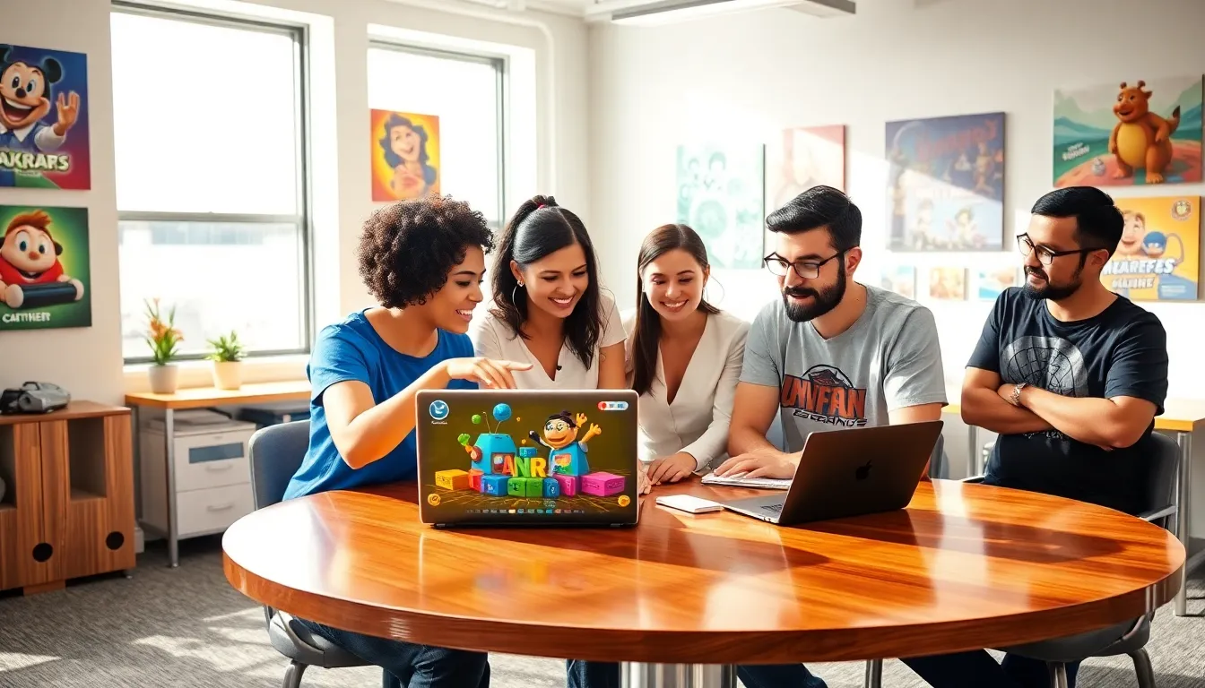 A diverse team brainstorming game designs in a bright office.