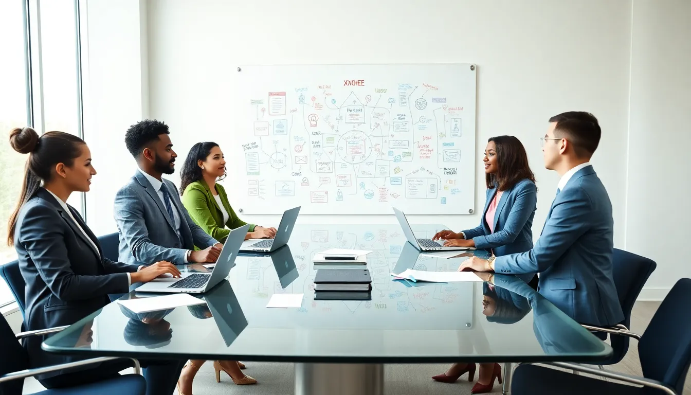 diverse professionals brainstorming in a modern office setting.