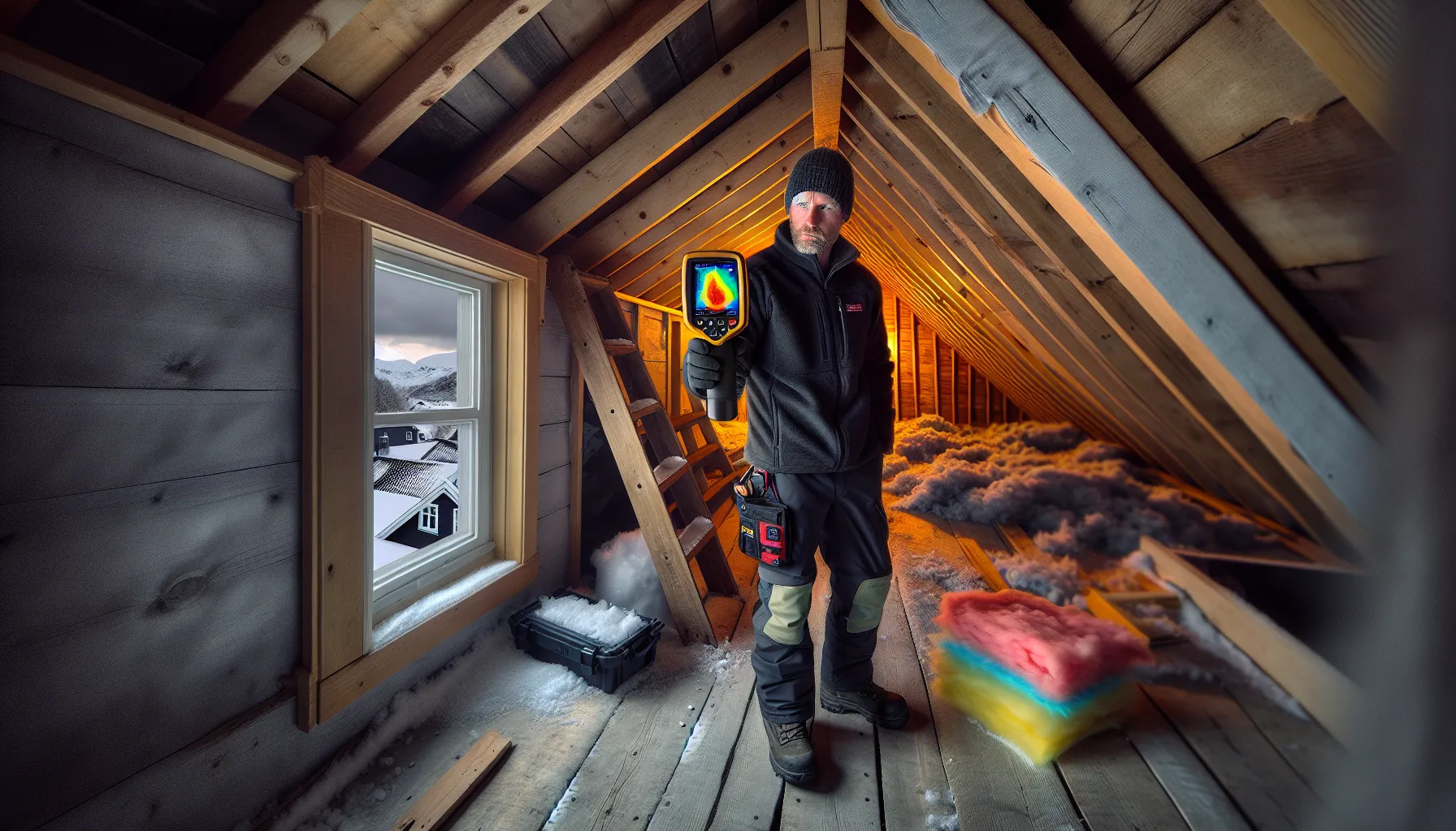 Hvordan velge riktig isolasjon for å redusere energikostnader i norske hjem 2 Inspector uses thermal camera to spot heat leaks in a norwegian attic.