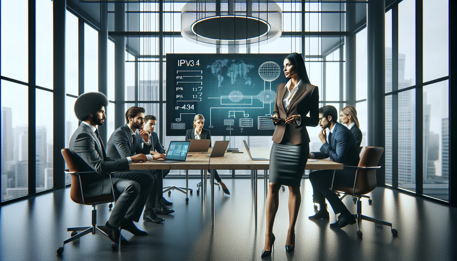 diverse IT team discussing IP addresses in a modern office.