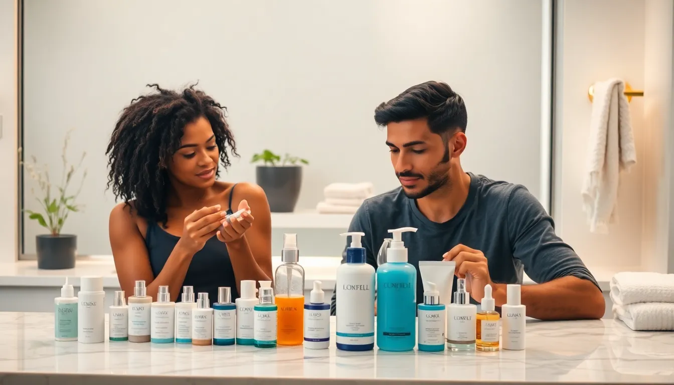 diverse individuals exploring skincare products in a modern bathroom.