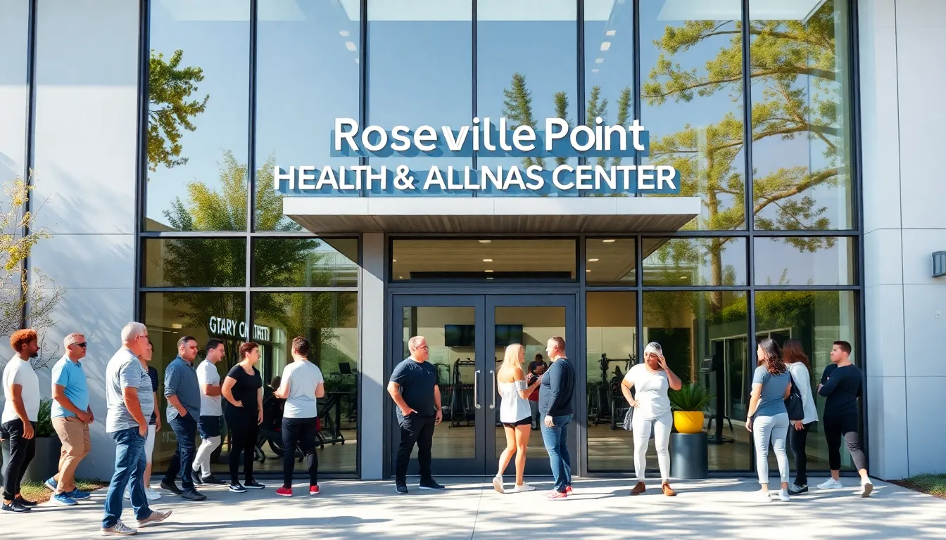 wellness center entrance with diverse people engaging outside.
