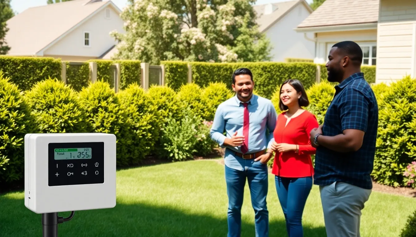diverse professionals discussing smart irrigation in a well-kept garden.