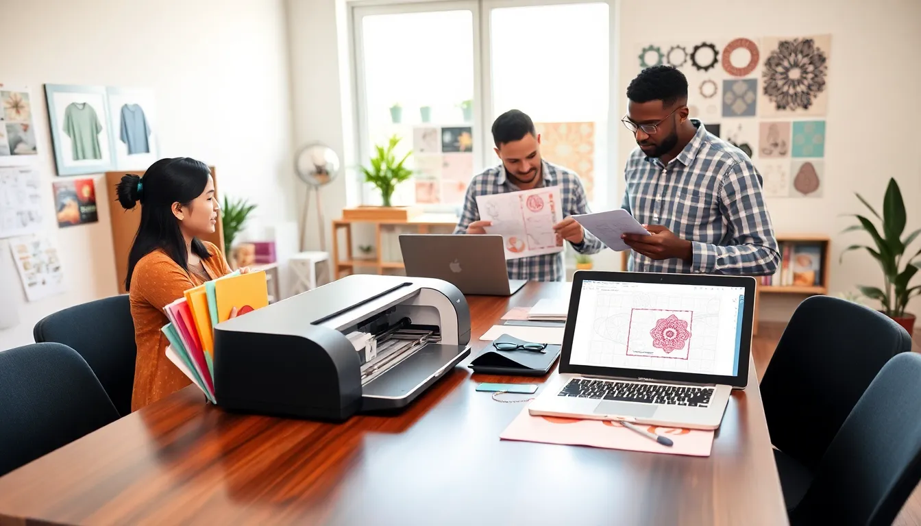 diverse team collaborating over Silhouette Cameo cutting machine and designs.
