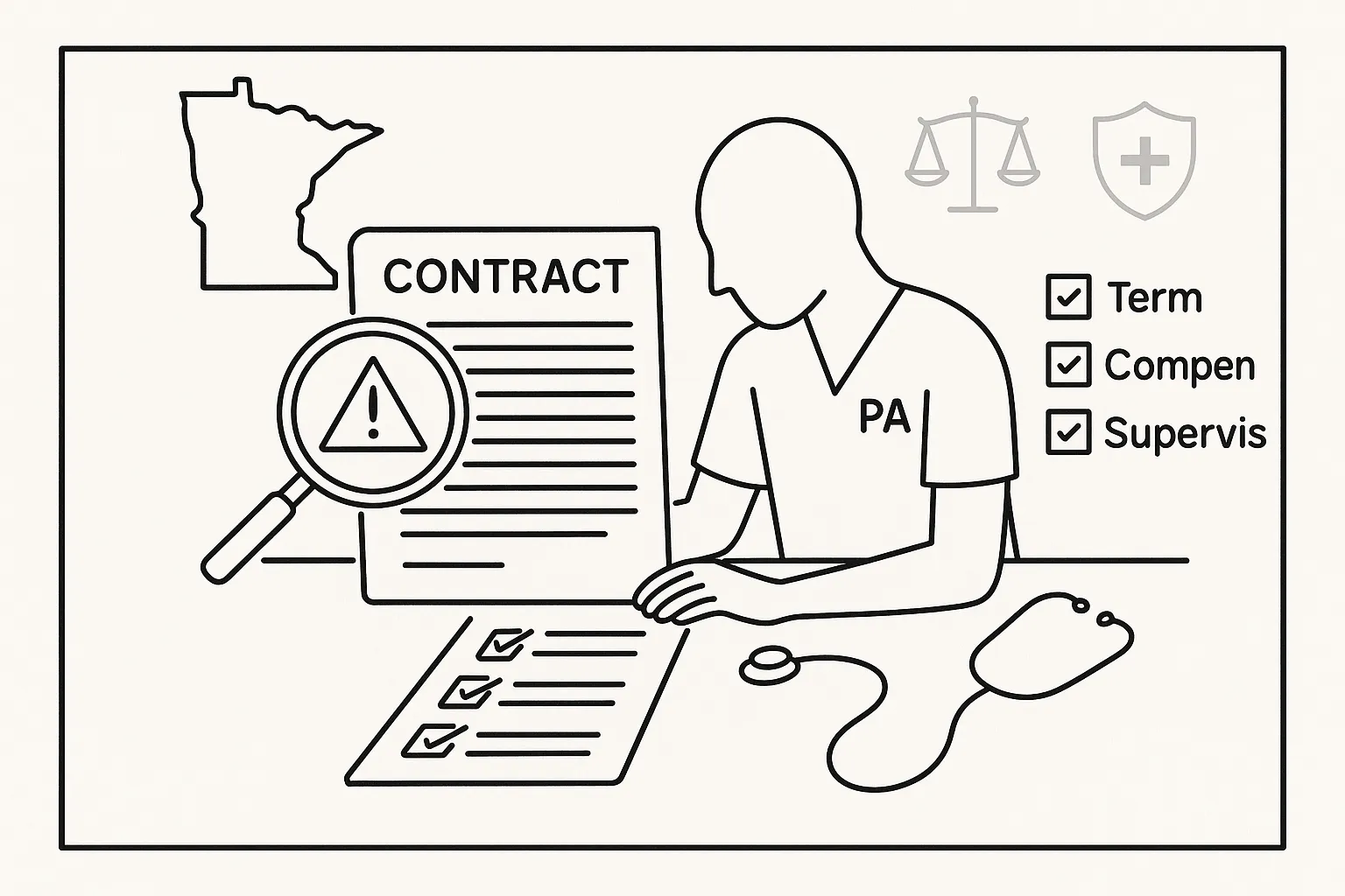 A PA examining a contract with magnifying glass and Minnesota outline of Minnesota Physician Assistant Contract Review.