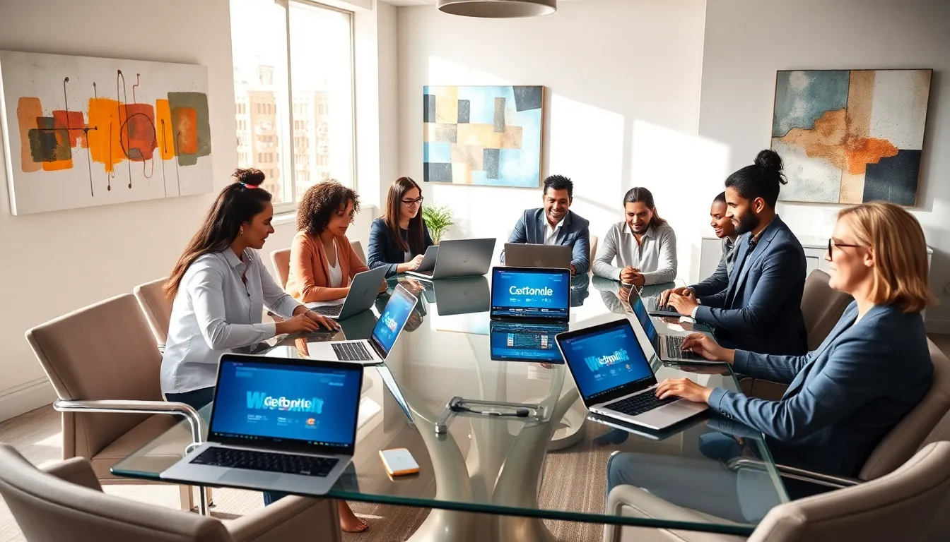 diverse professionals collaborating around laptops in a modern office.