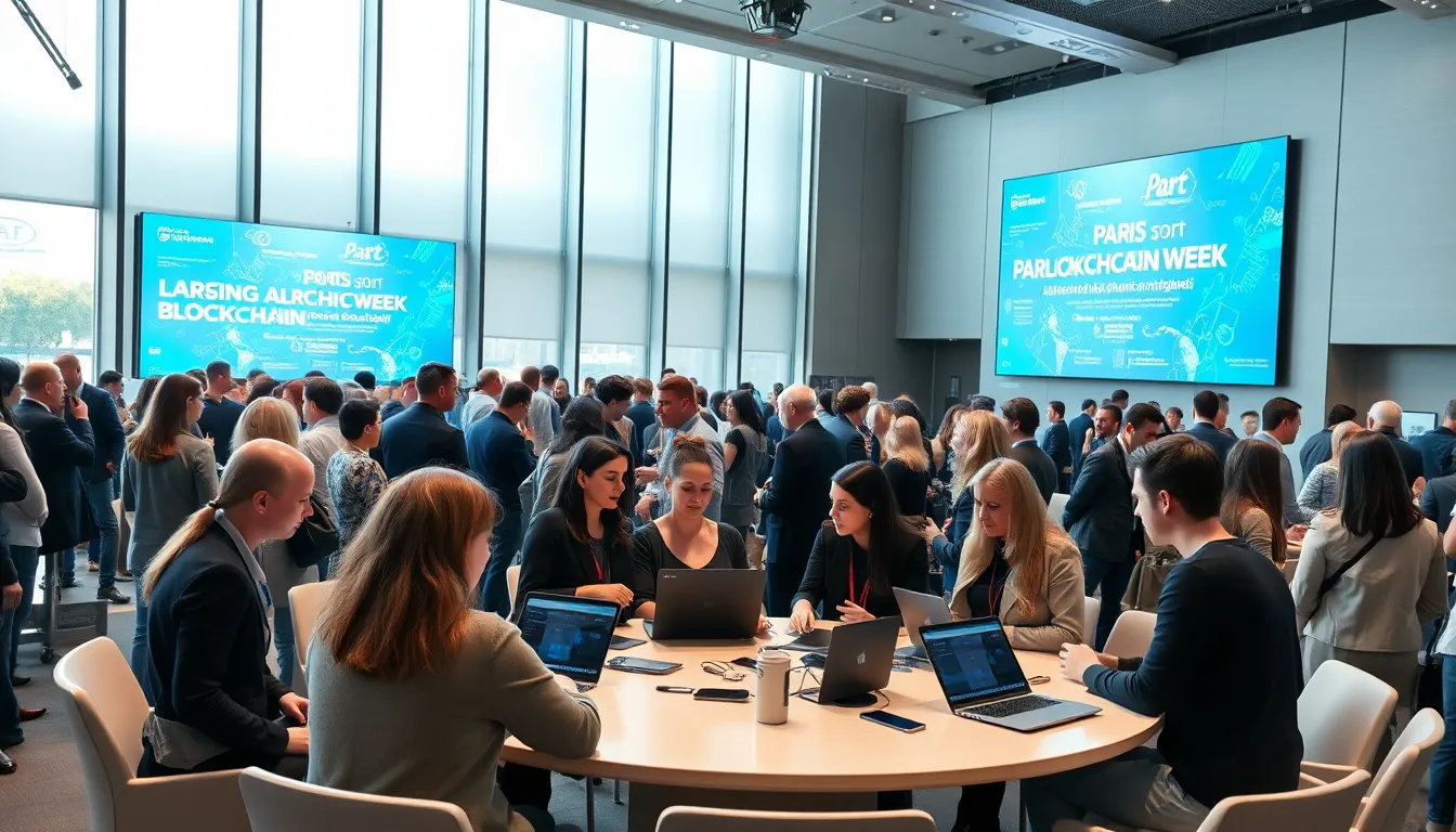 Professionals networking at Paris Blockchain Week in a modern conference hall.