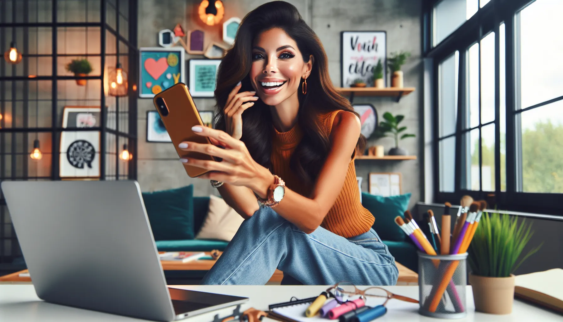 Jazmineblouise recording a video in a bright, creative workspace.