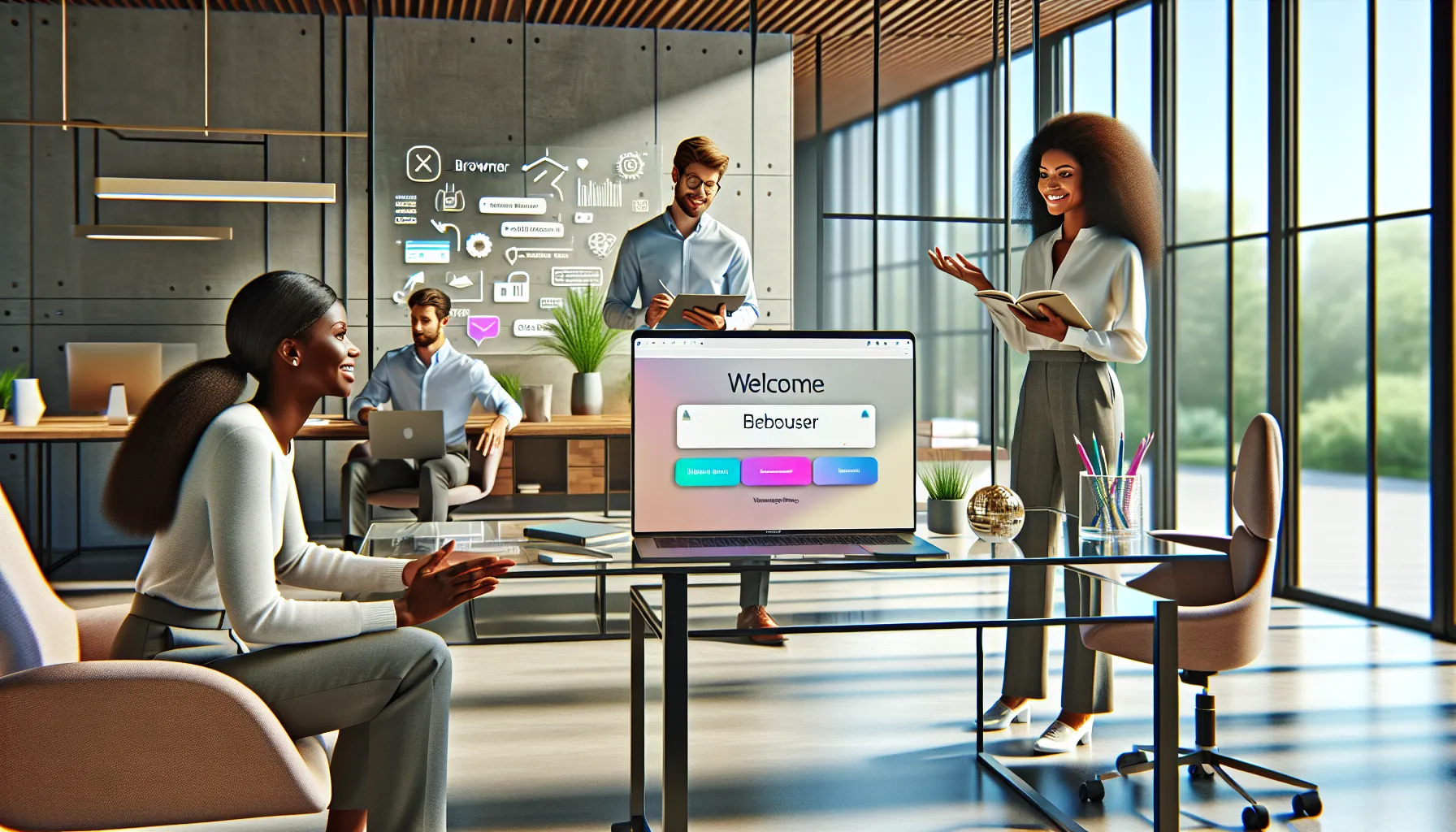 professionals setting up MozillaD5.2F5 on a laptop in a modern office.