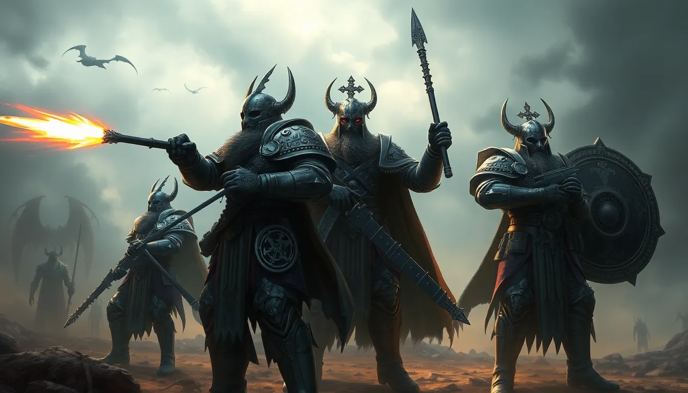 Daemonhunters in battle-ready stance against dark, chaotic background.