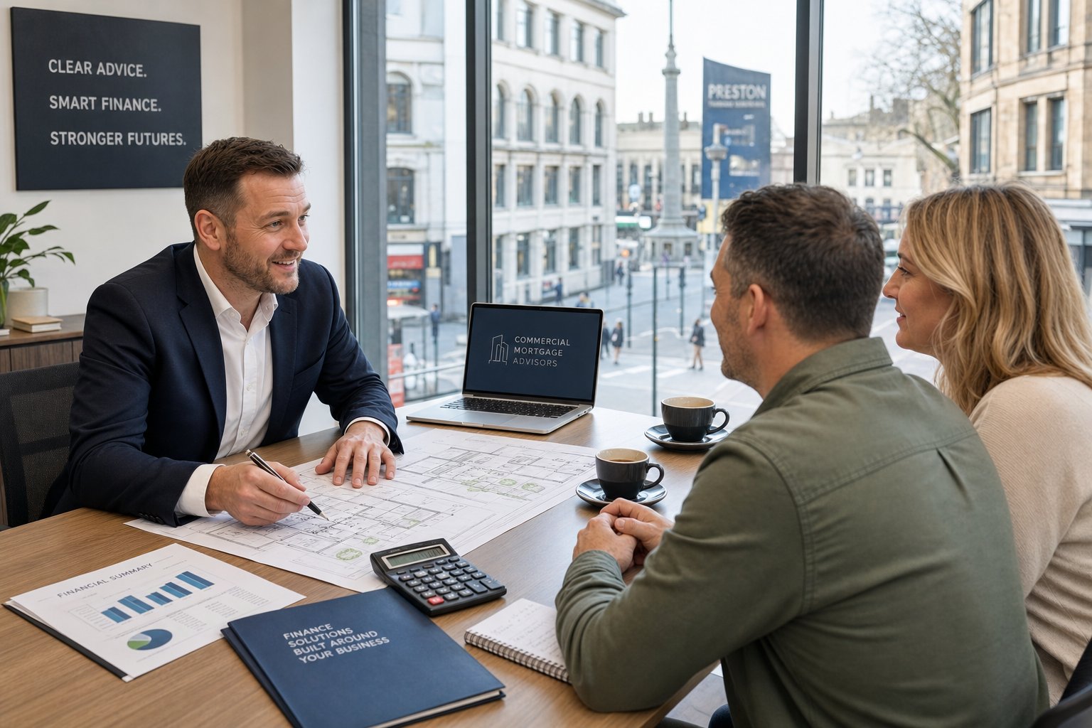 Commercial Mortgage Brokers Preston 7 Commercial mortgage advisor meeting business owners in a bright office with property documents and laptop.