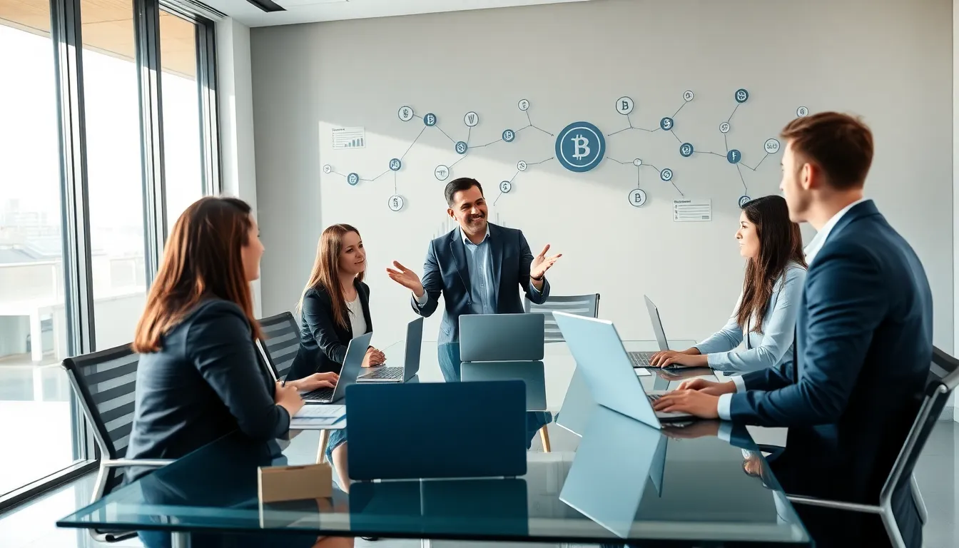 professionals discussing cryptocurrency strategies in a modern office