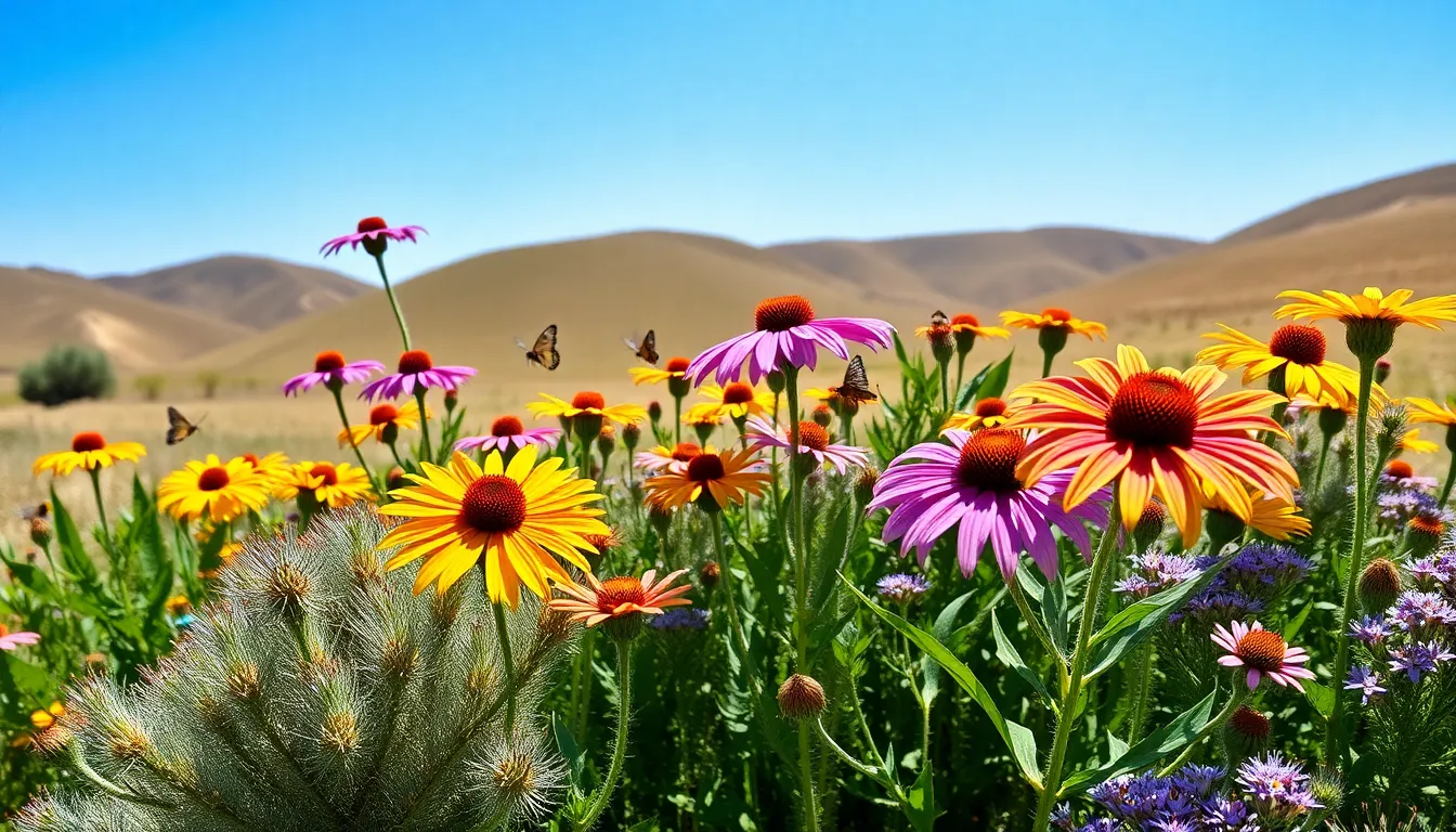 a vibrant garden with coneflowers and sagebrush, supporting local wildlife.