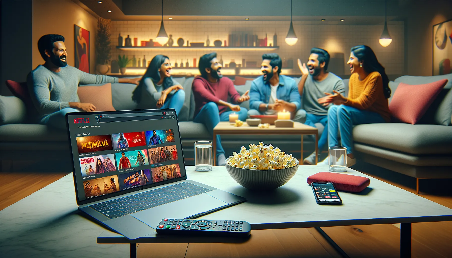 diverse friends enjoying a movie night at home with a laptop.