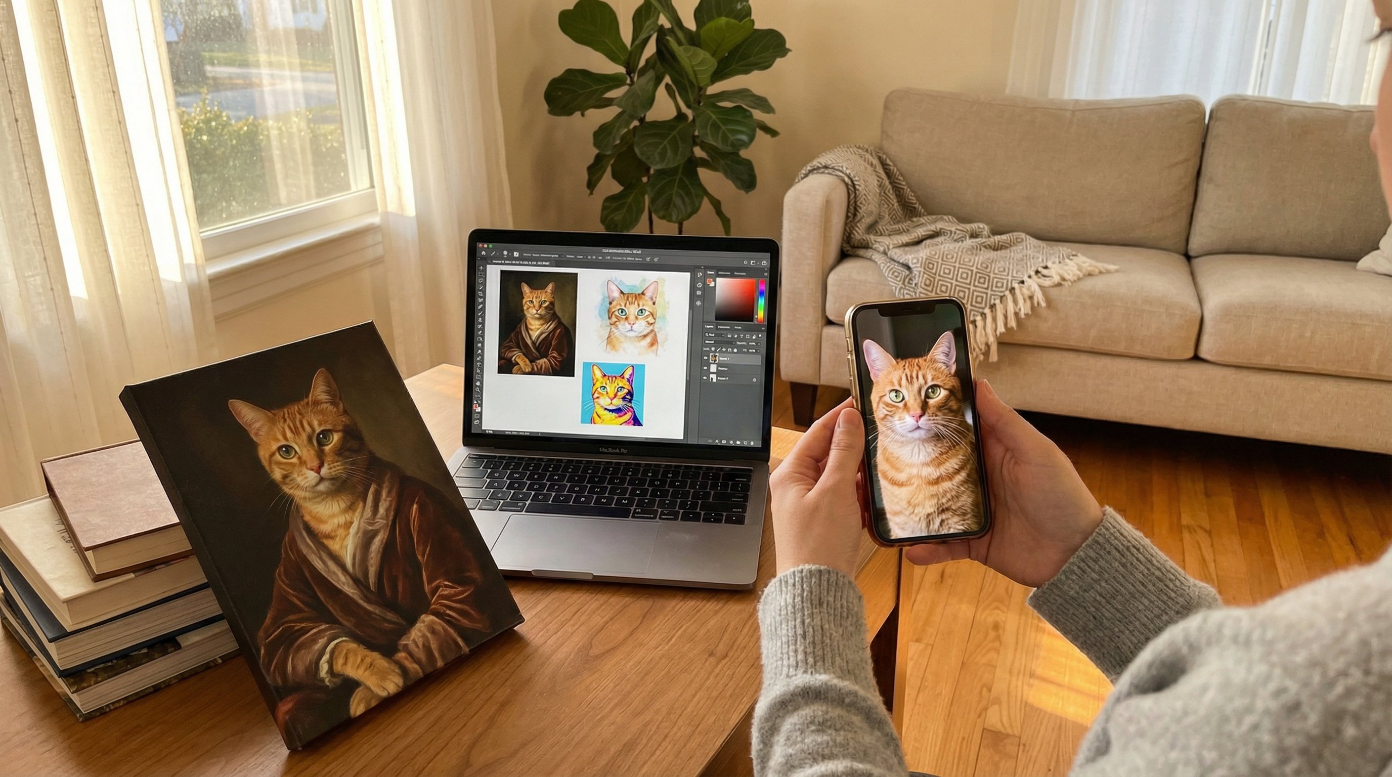 Hands holding a phone with a cat photo beside a laptop showing AI portrait styles.