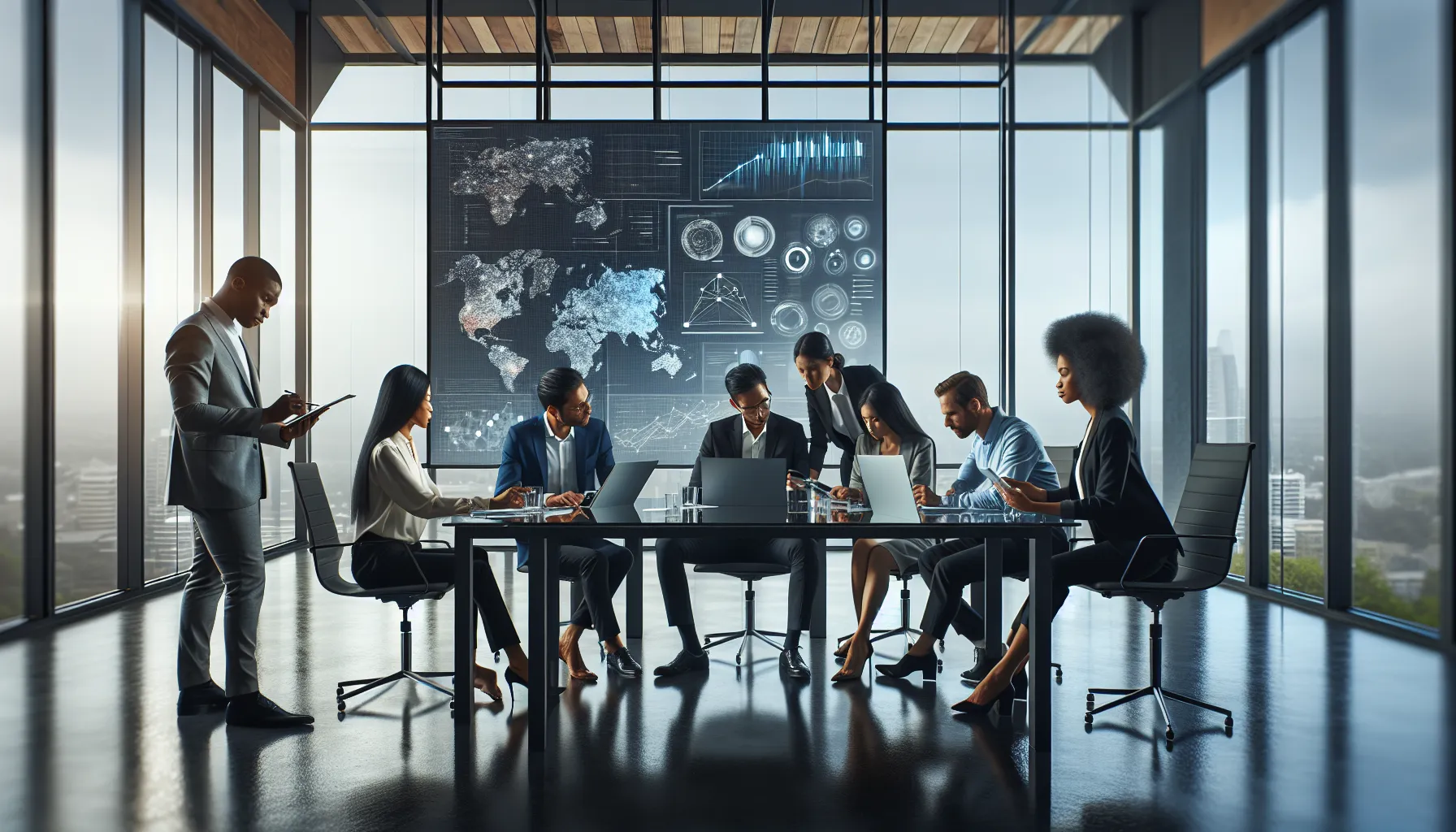 diverse professionals discussing the significance of a number in a modern office.