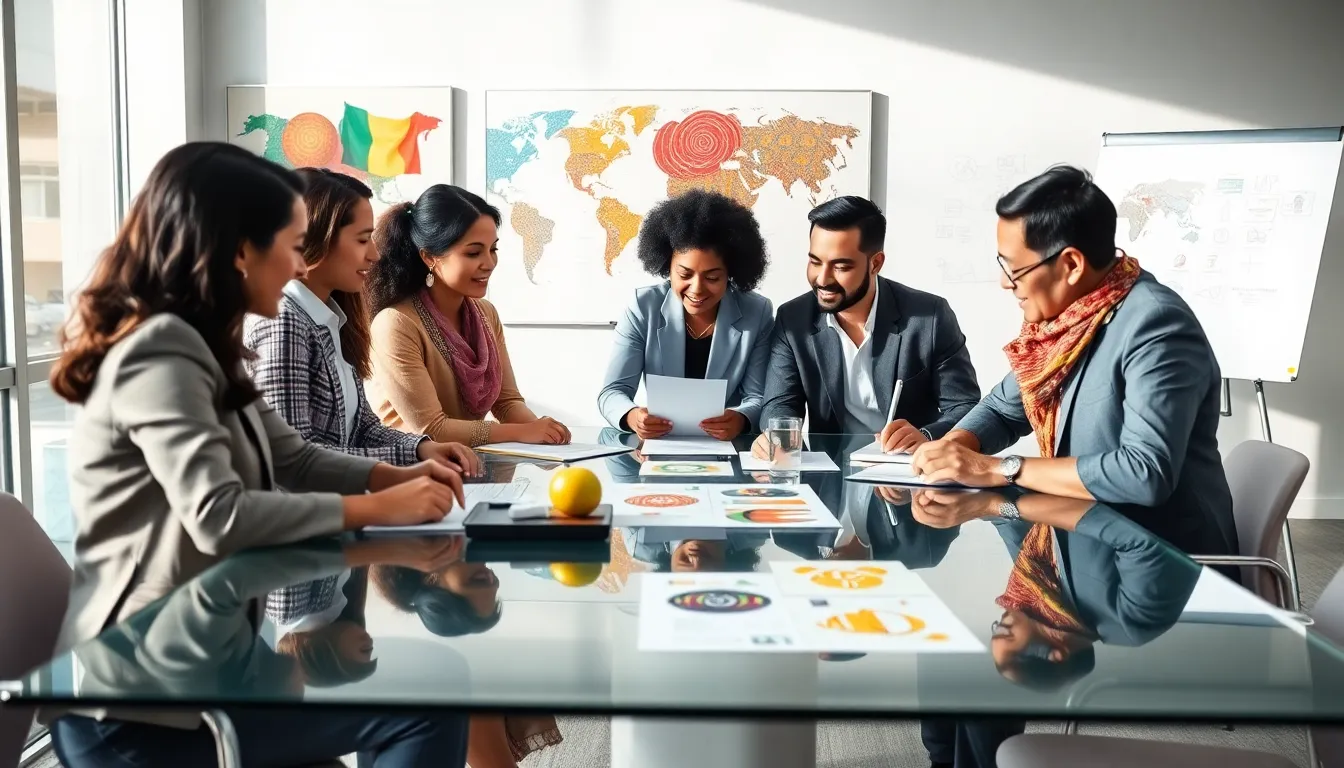 diverse professionals discussing cultural representation in a modern office.