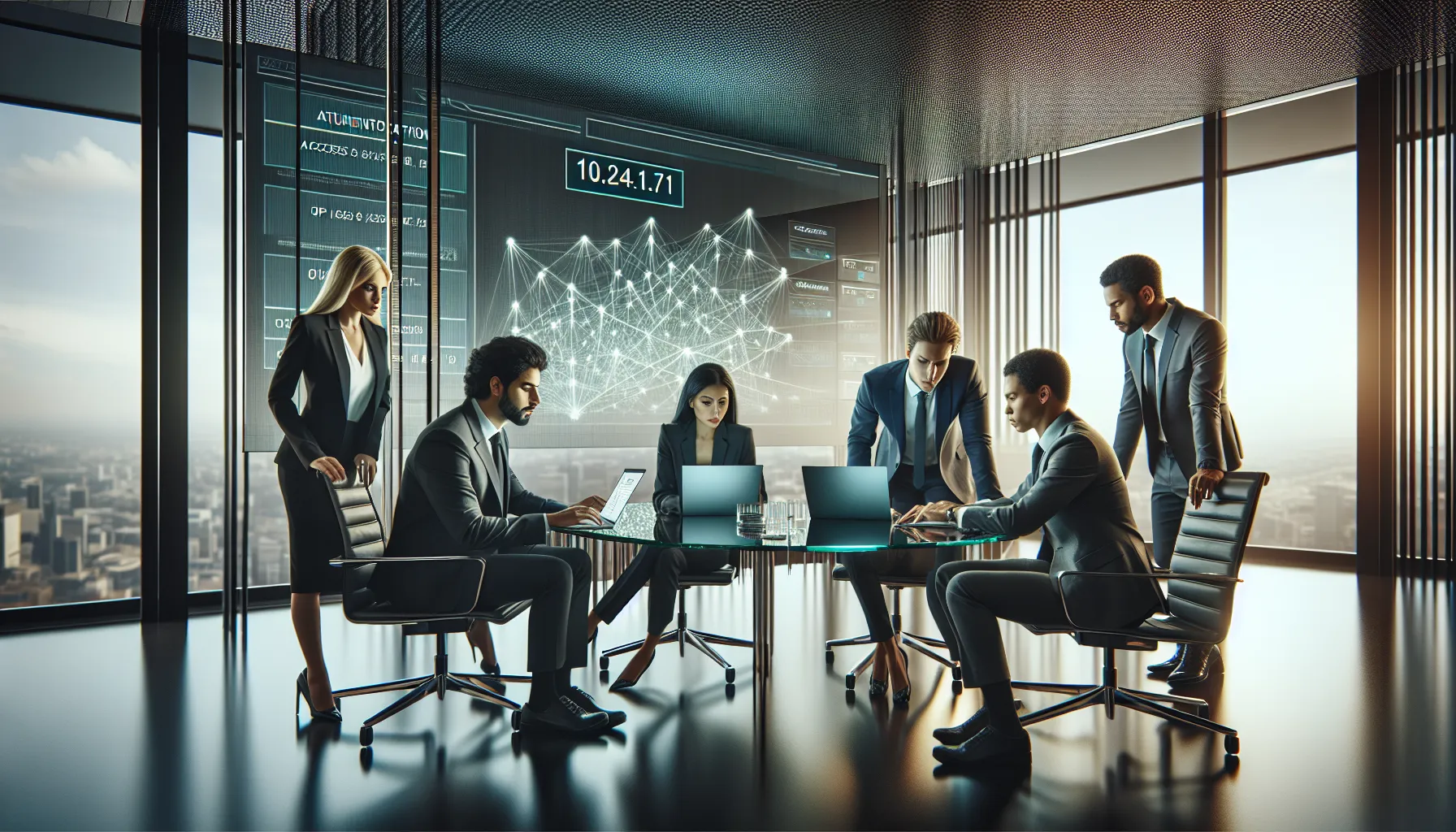 diverse team collaborating in a modern office on network access.