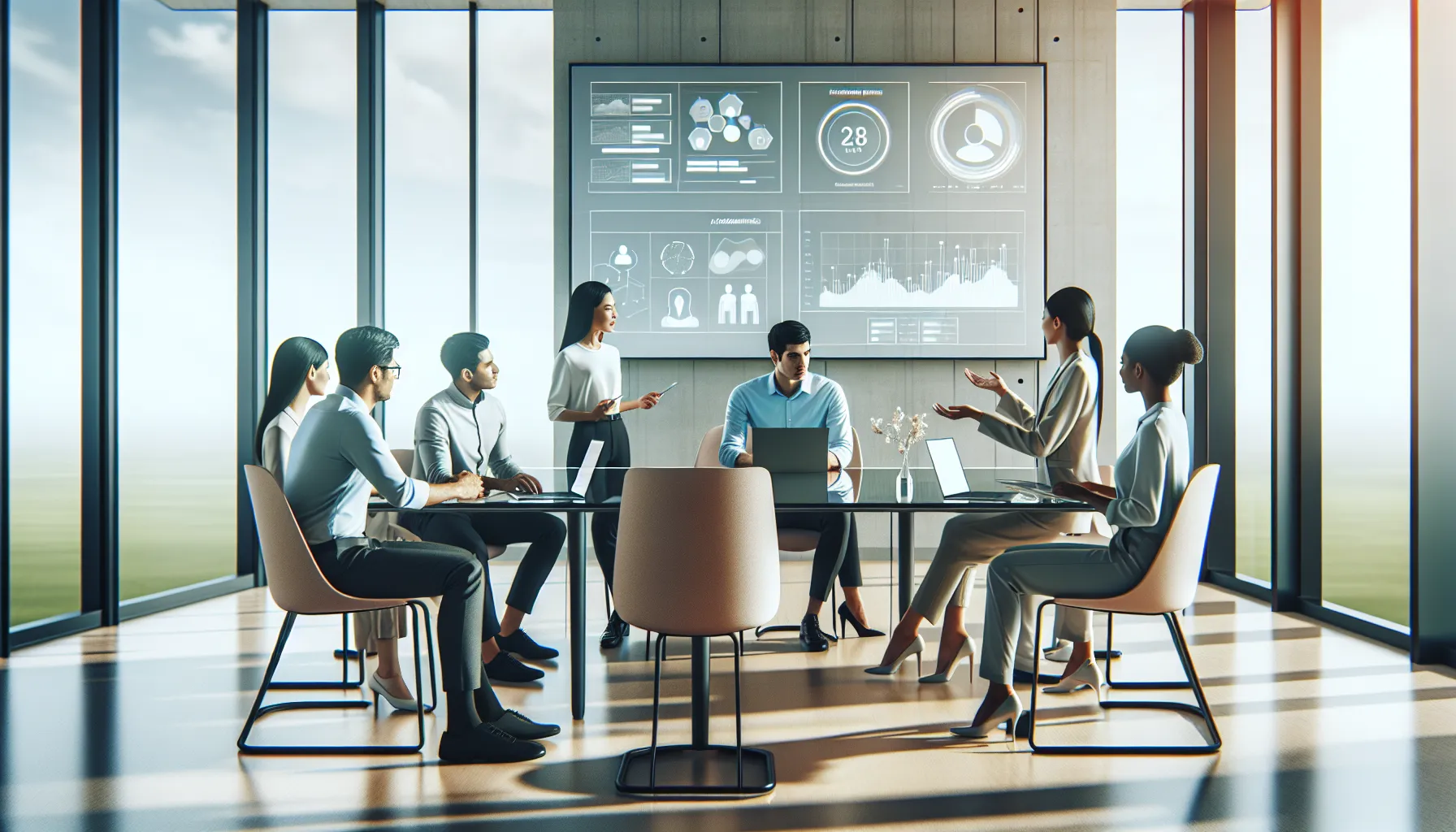 diverse team discussing Alena_Wks features in a modern office.