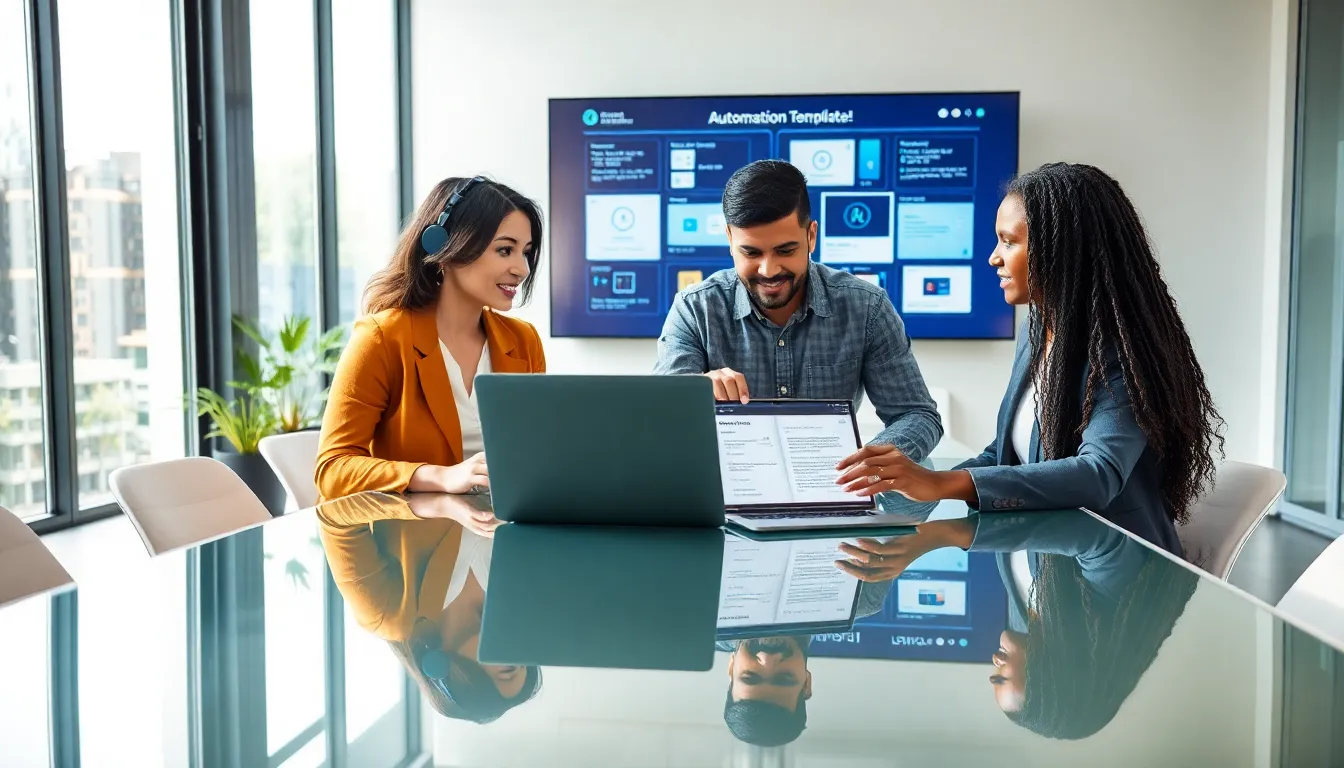 professionals collaborating on low code no code automation tools in a modern office.