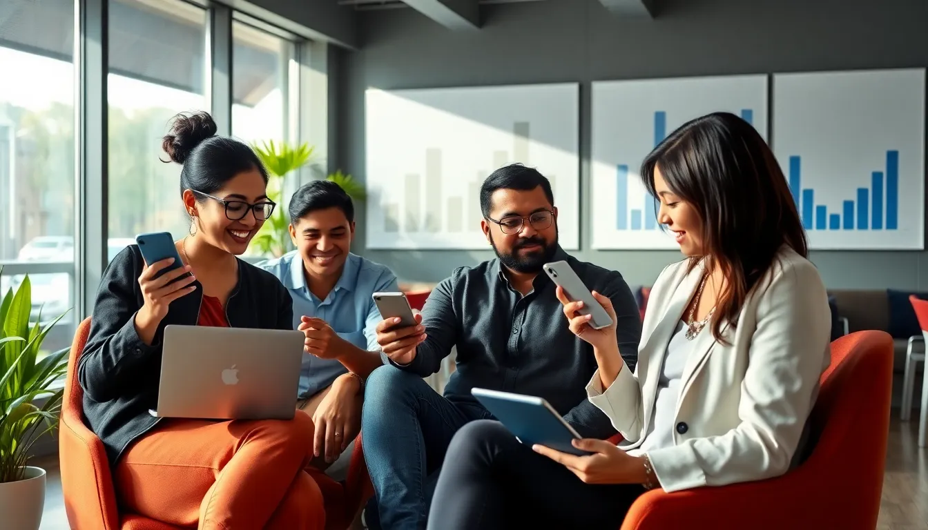 group of diverse millennials discussing finance in a modern office.