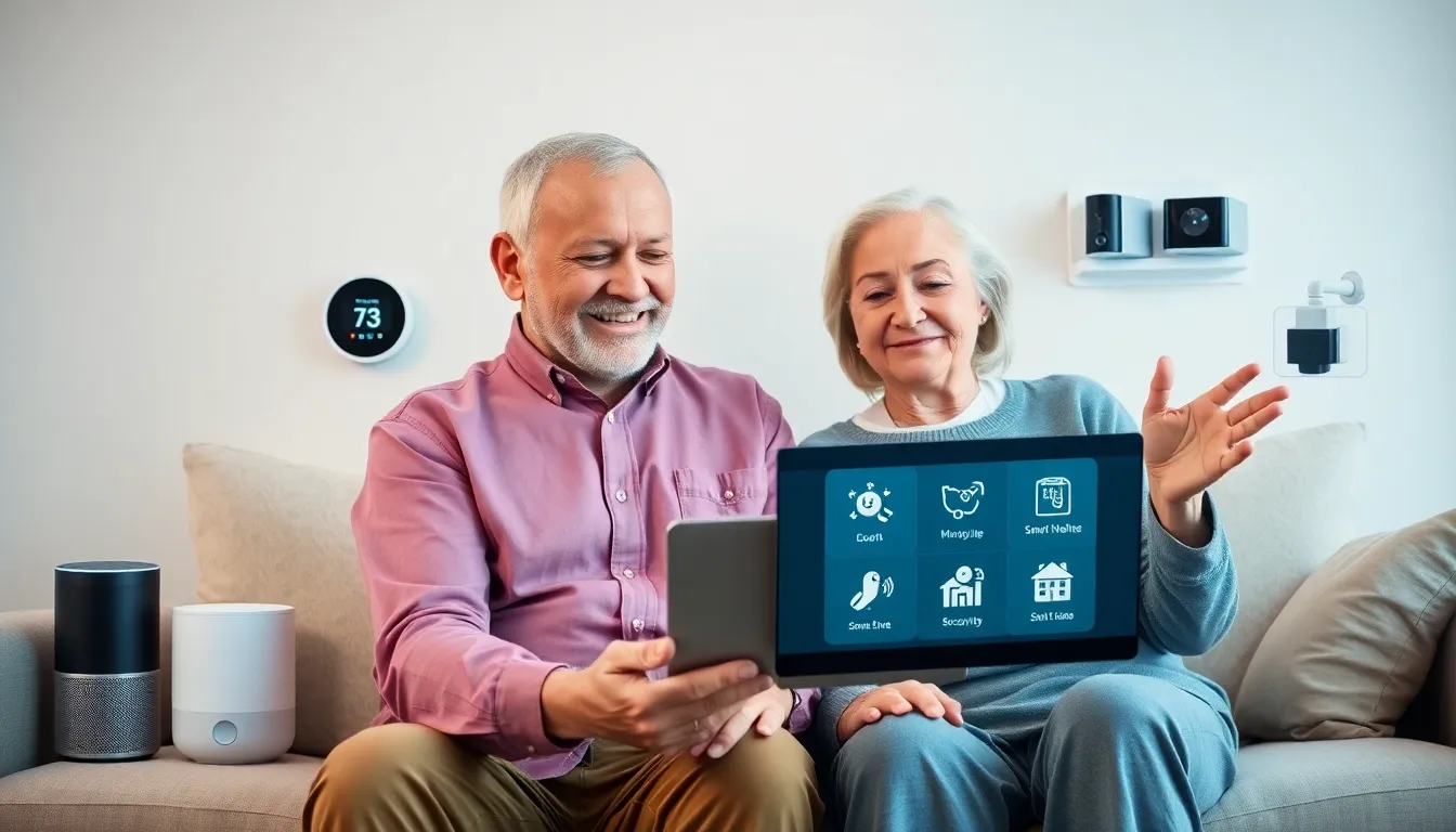 elderly couple using a tablet in a cozy smart home setting.