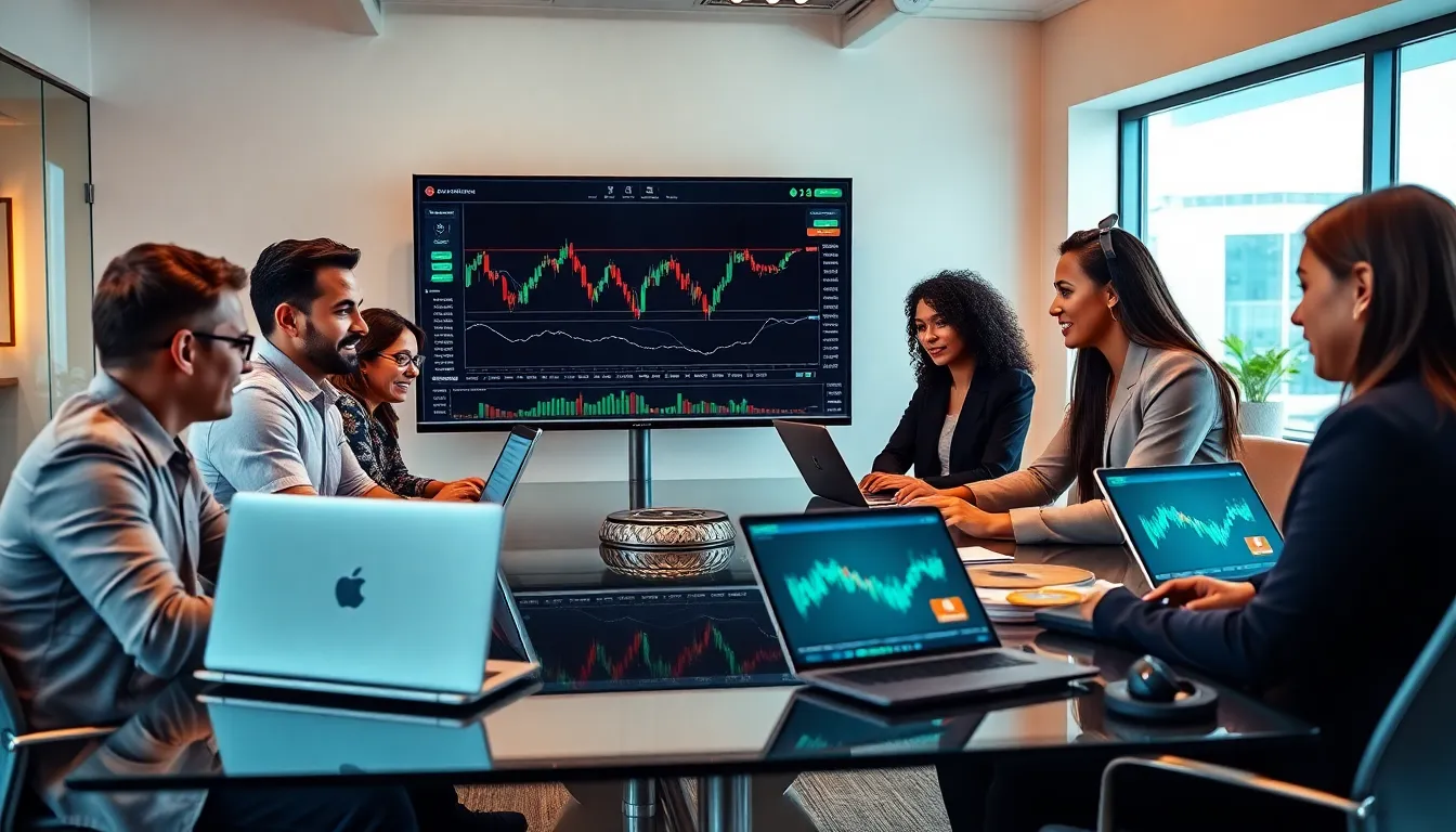 diverse team collaborating on a cryptocurrency trading platform.