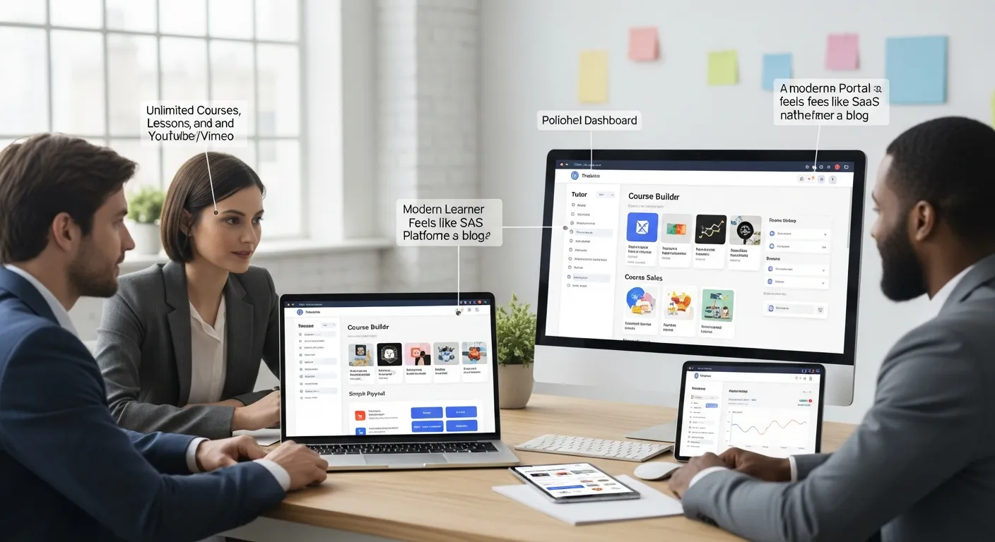 Diverse team reviews a modern WordPress LMS course dashboard on laptop and monitor.