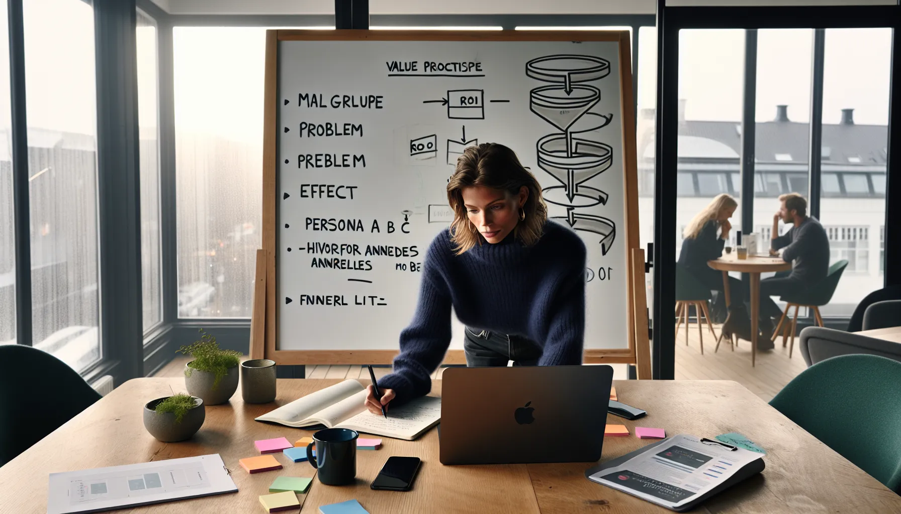 De beste strategiene for å lansere en vellykket oppstartsbedrift 2 Startup founder in norway outlines personas and value proposition on a whiteboard.