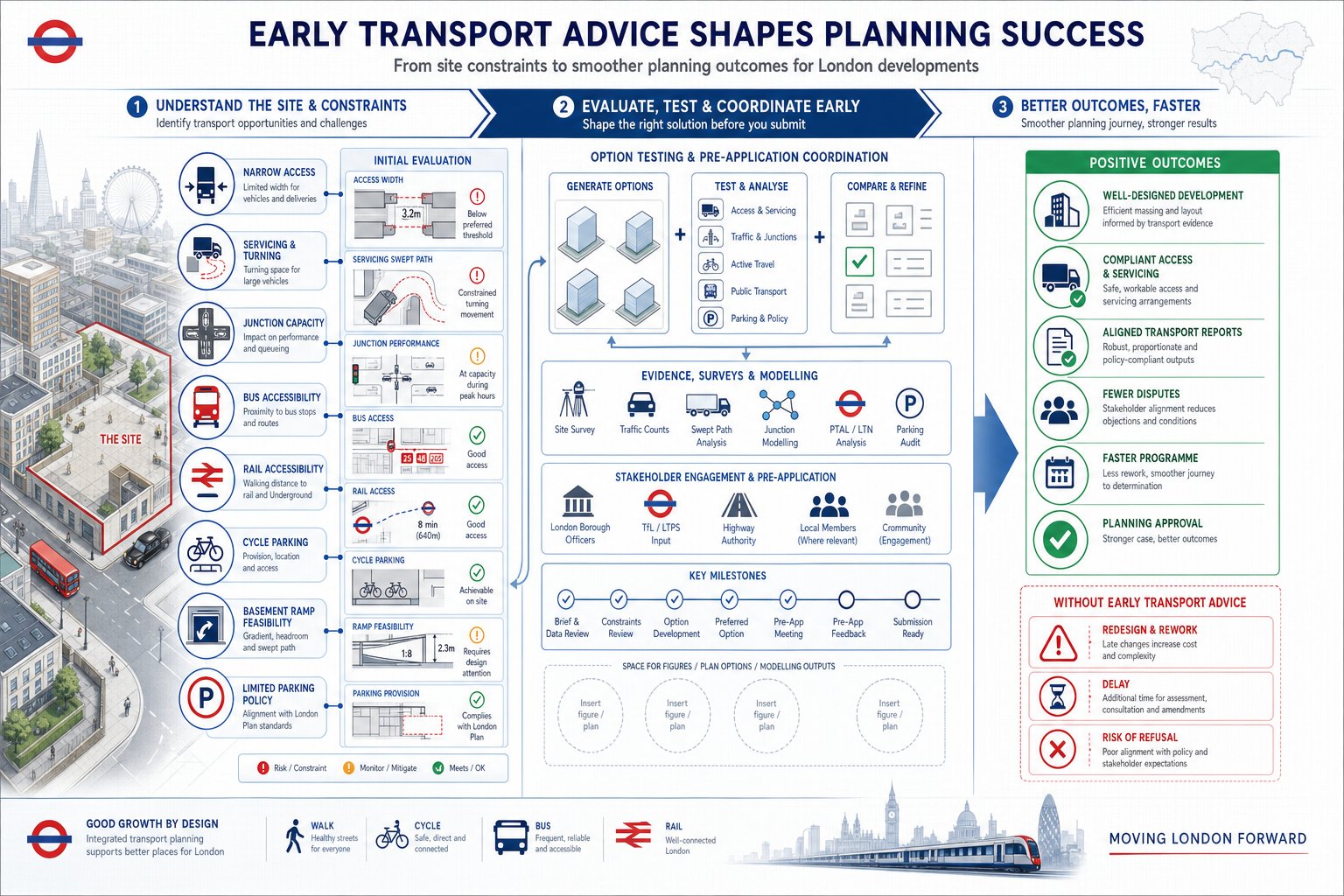 Infographic showing early transport advice improving London planning and development outcomes.