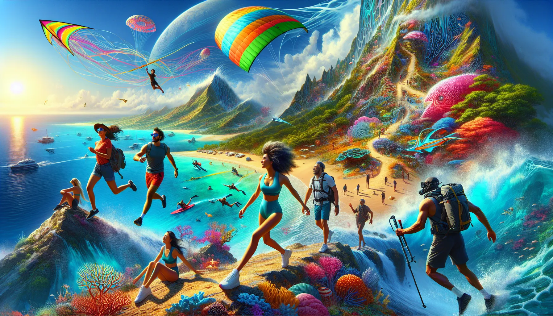 Diverse adventure seekers engaging in kite surfing, hiking, and snorkeling.