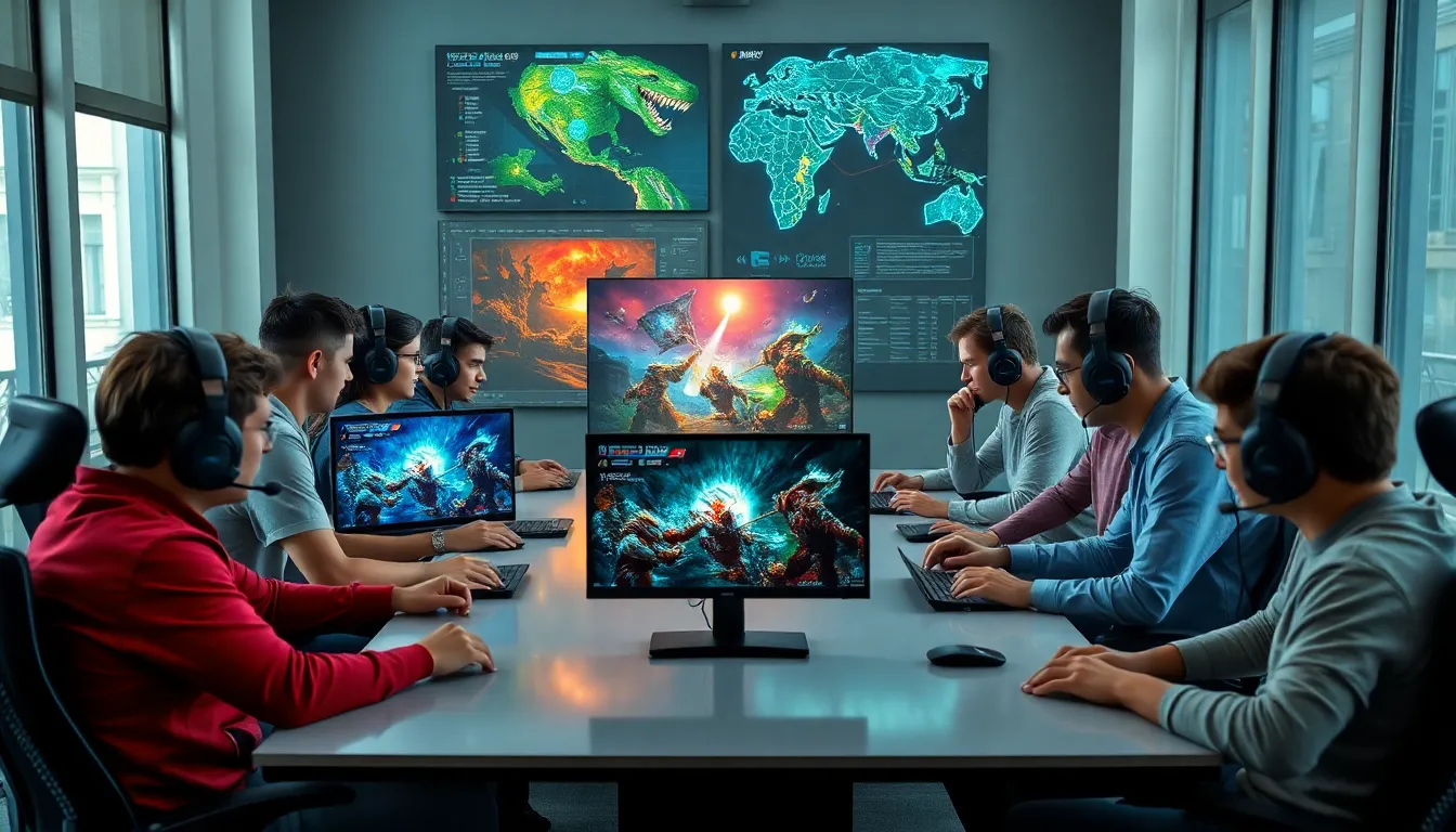 diverse gamers strategizing for a raid in a modern office.