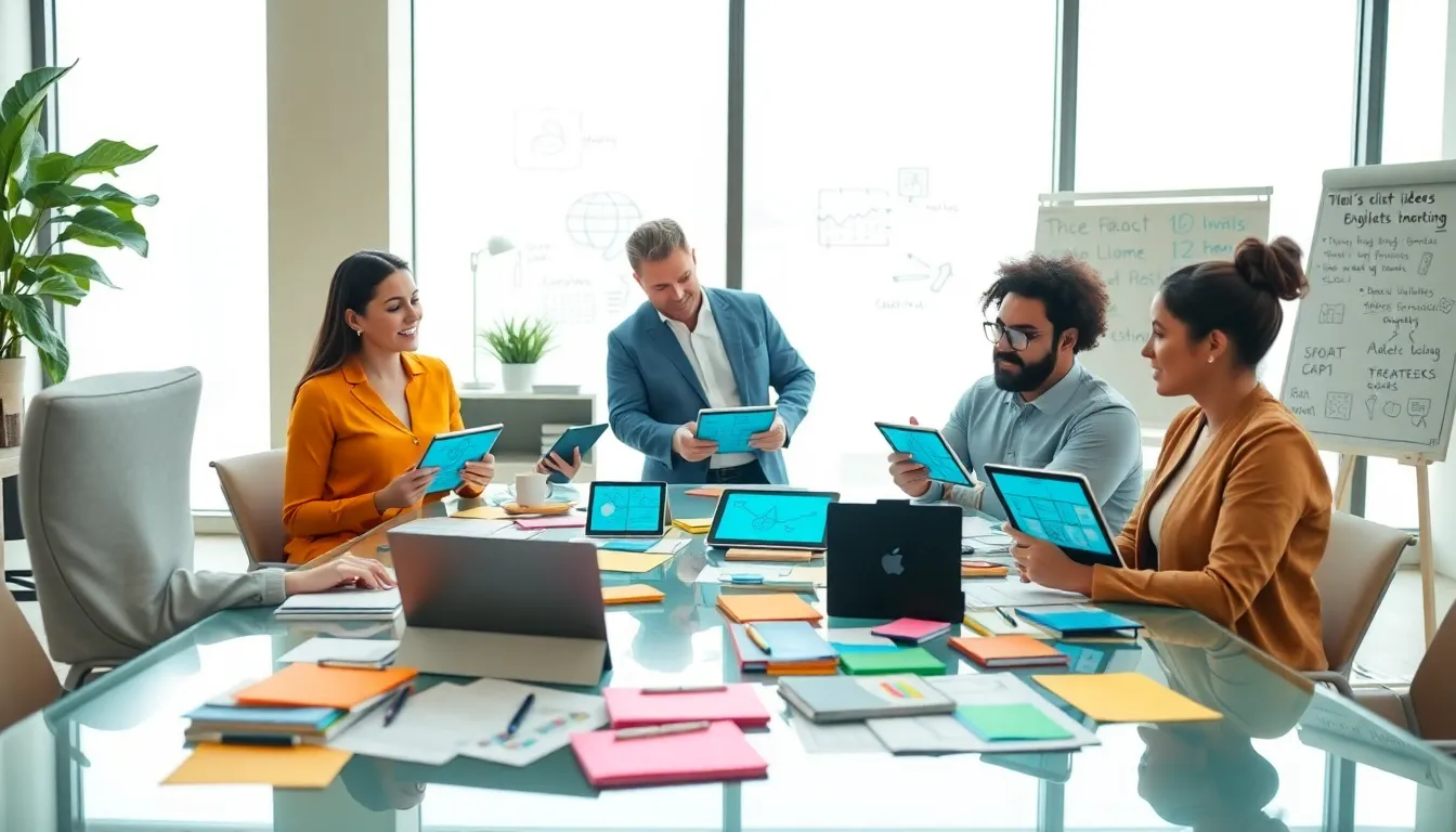 diverse professionals brainstorming in a modern office space.