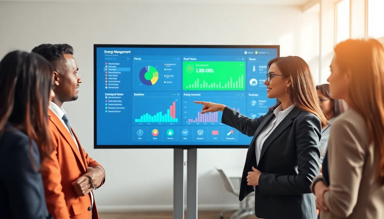 diverse team discussing energy management solutions in a modern office.