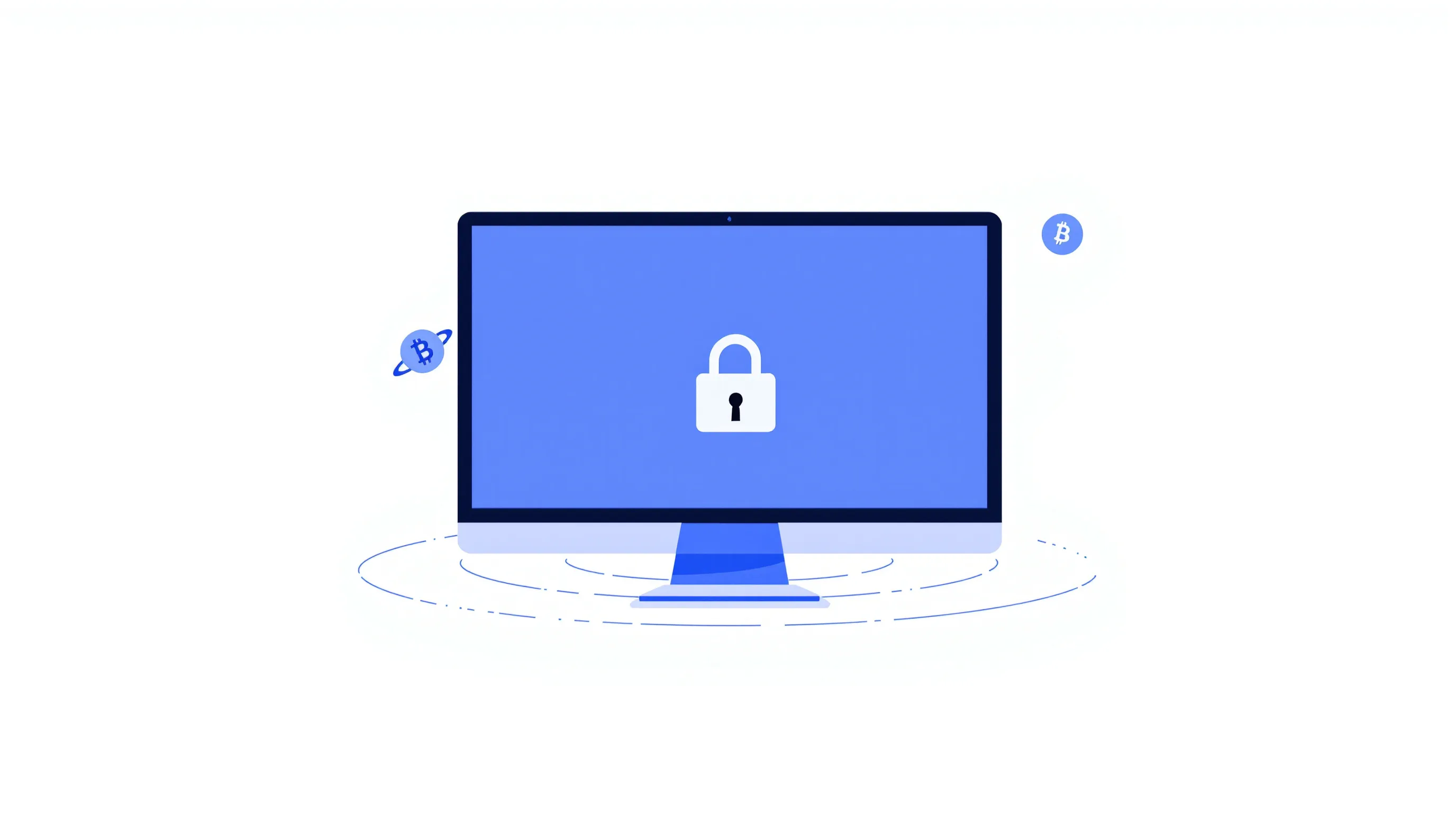 Computer monitor with lock icon on blue screen and Bitcoin symbol.